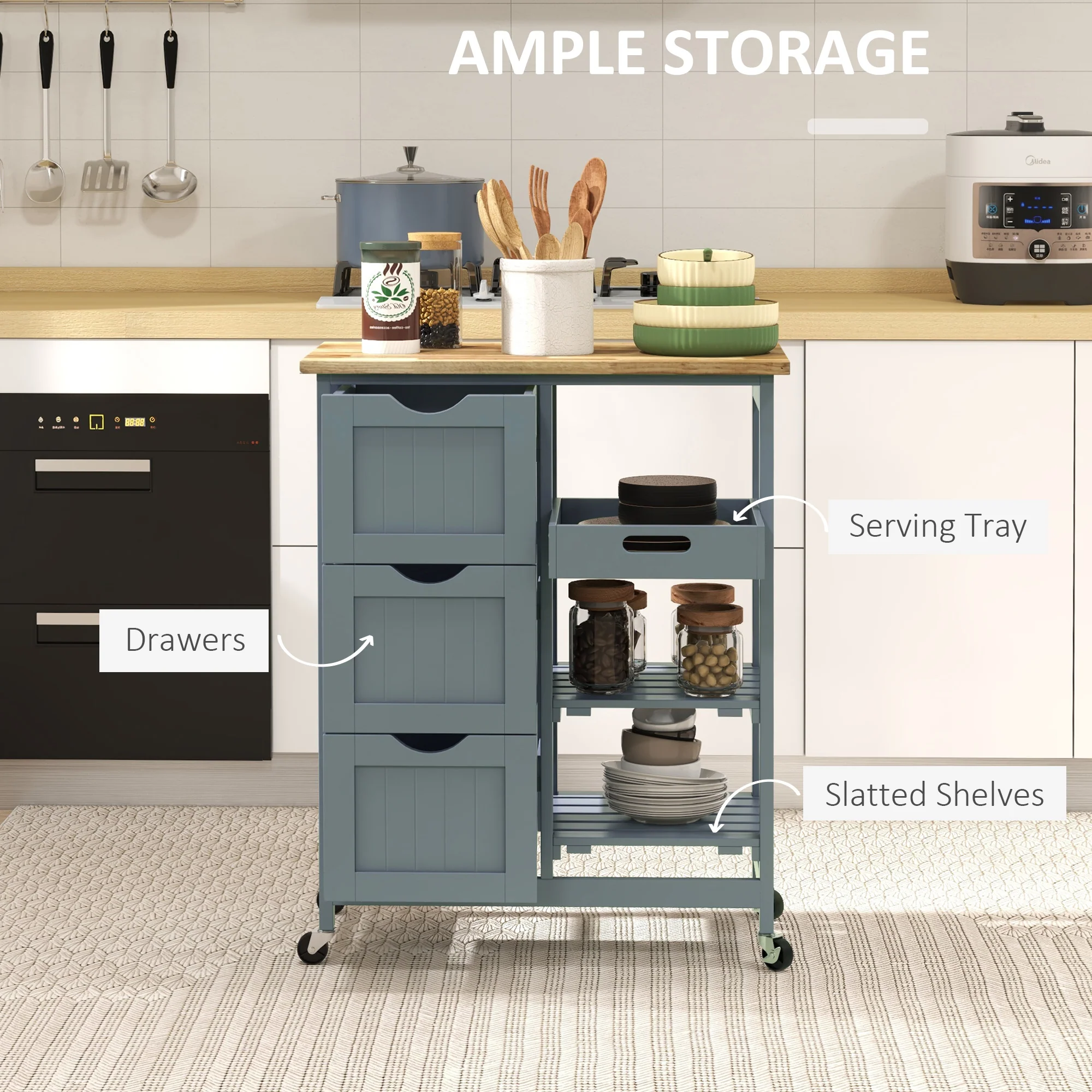 36" Rolling Kitchen Island Cart with Wood Top, Shelves & Drawers for Dining, Gray - Image 6
