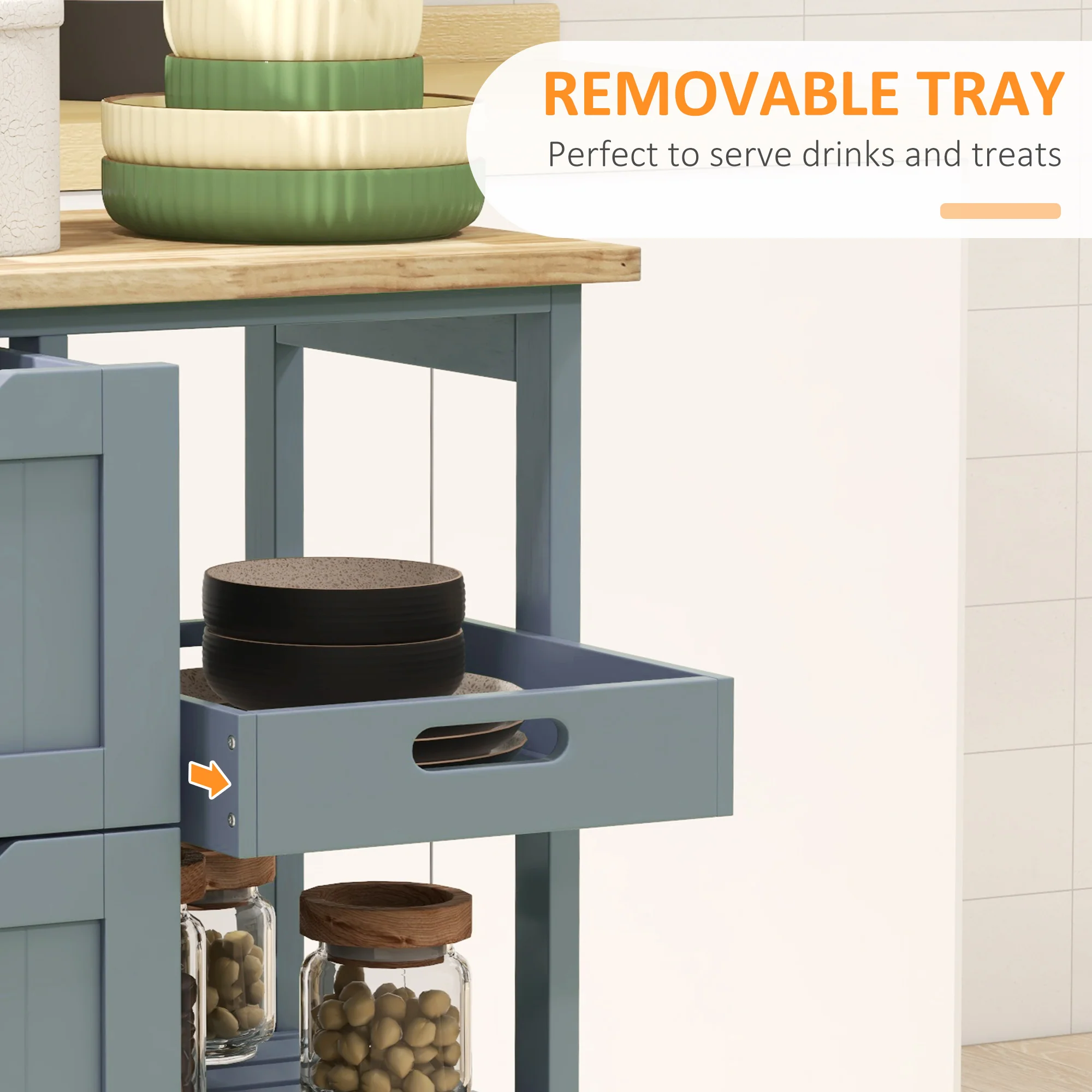 36" Rolling Kitchen Island Cart with Wood Top, Shelves & Drawers for Dining, Gray - Image 7