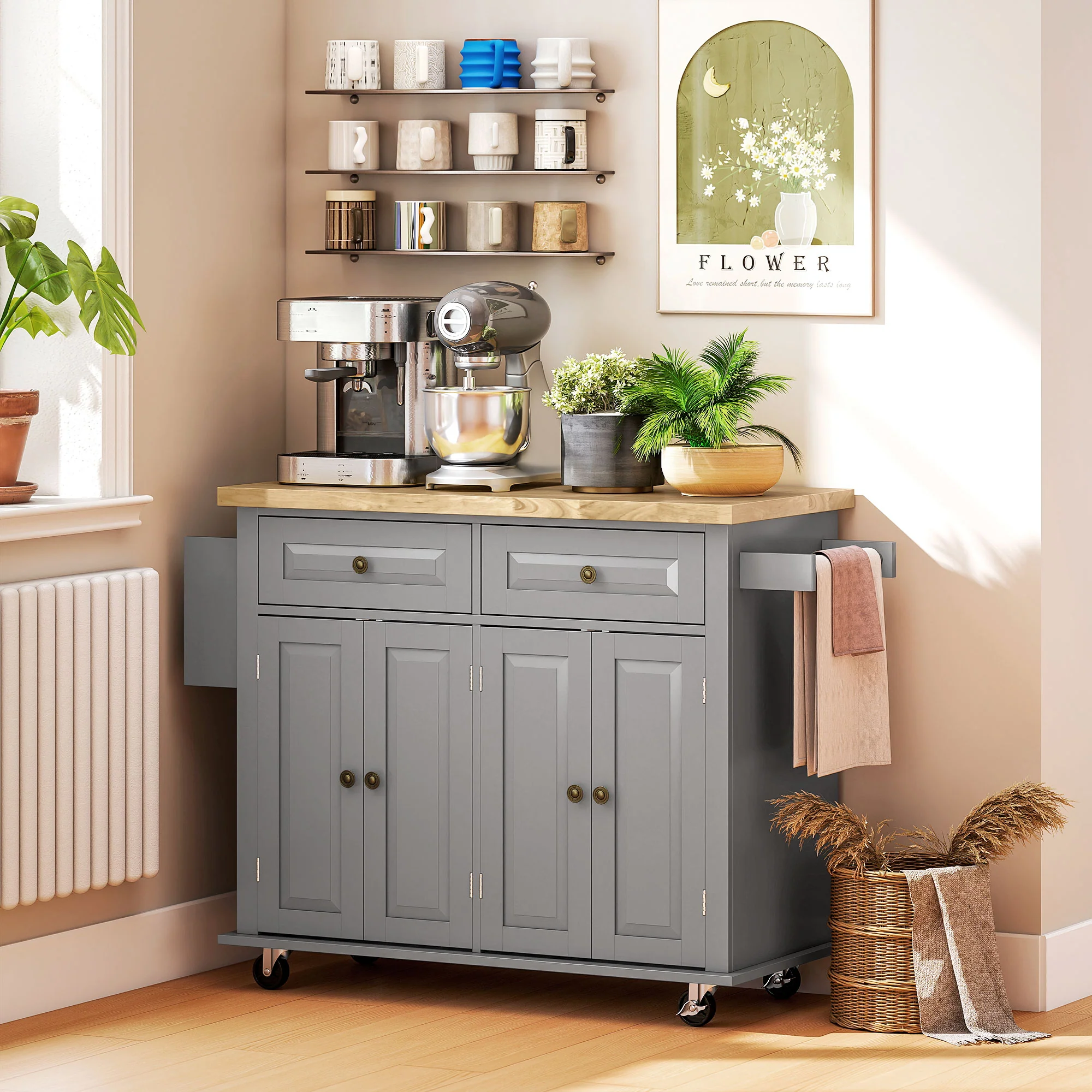 GlideSpace 44"W Butcher Block Cart, Movable Kitchen Island with Cabinets, Grey - Image 4