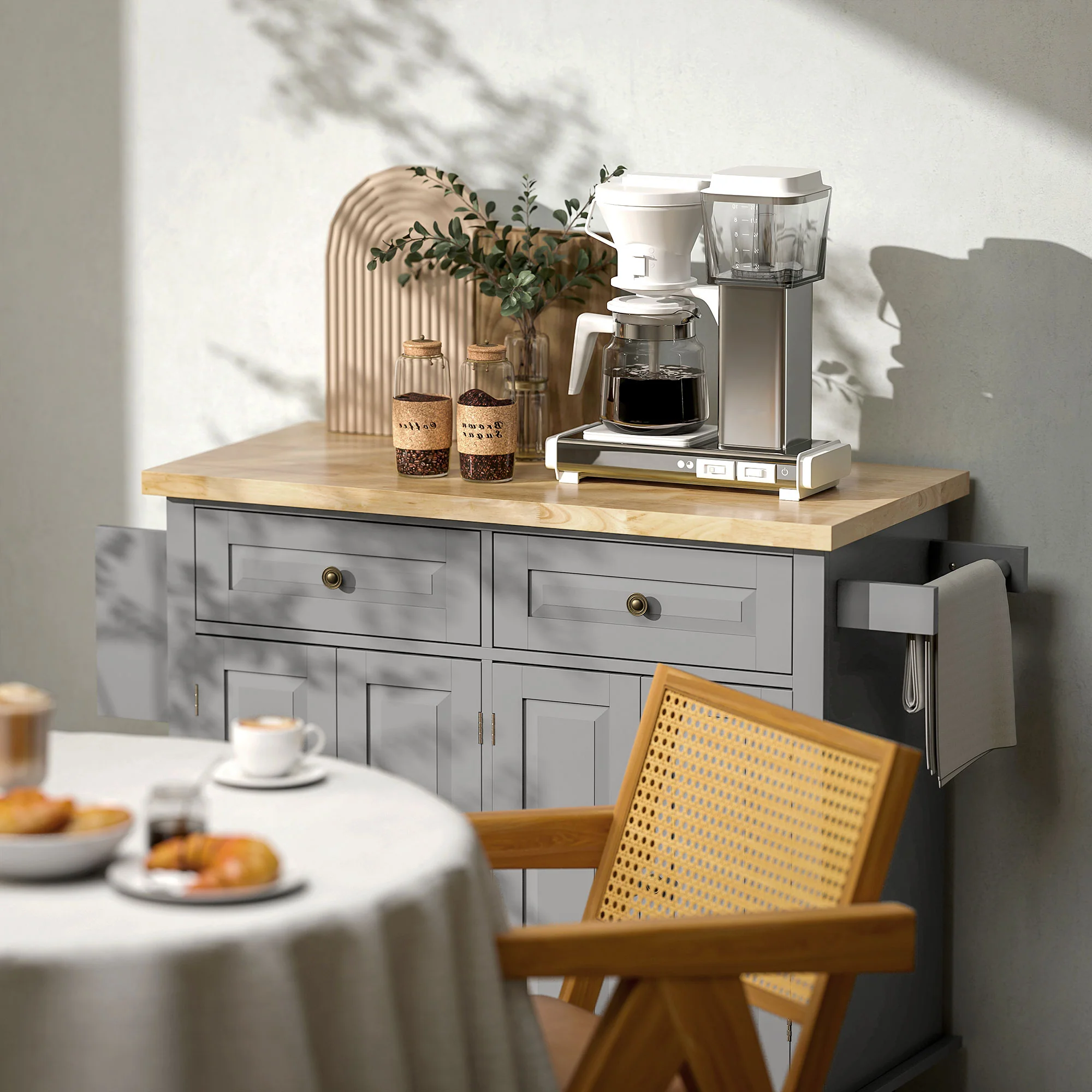 GlideSpace 44"W Butcher Block Cart, Movable Kitchen Island with Cabinets, Grey - Image 12