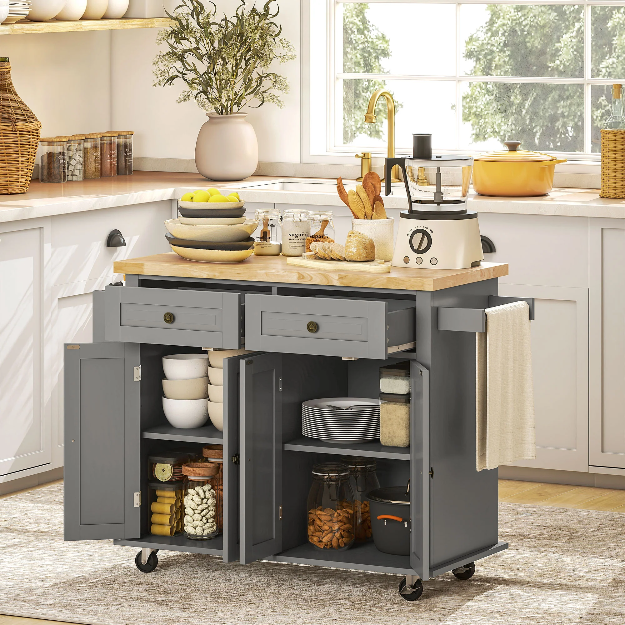 GlideSpace 44"W Butcher Block Cart, Movable Kitchen Island with Cabinets, Grey - Image 3