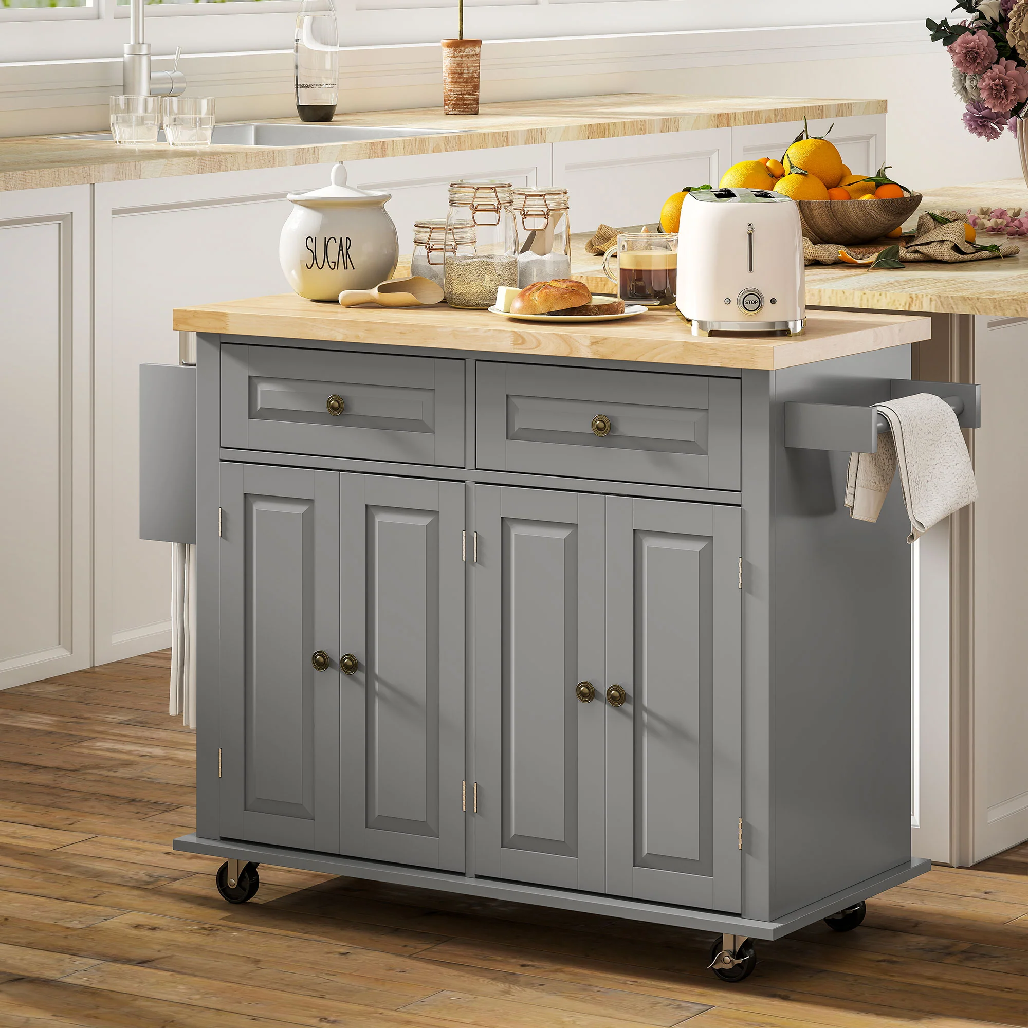 GlideSpace 44"W Butcher Block Cart, Movable Kitchen Island with Cabinets, Grey - Image 11