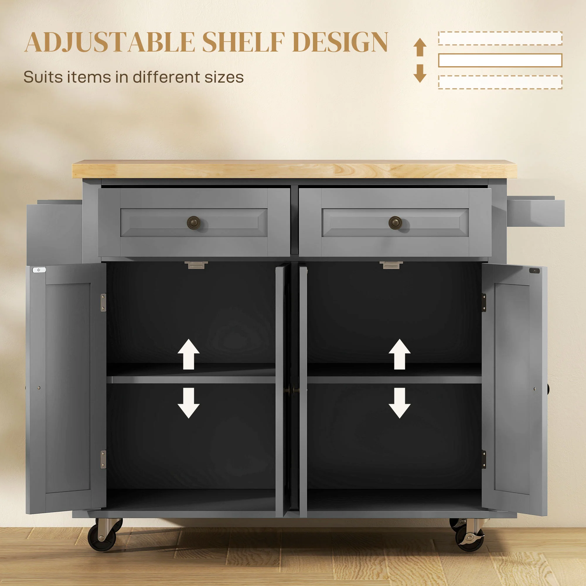 GlideSpace 44"W Butcher Block Cart, Movable Kitchen Island with Cabinets, Grey - Image 8