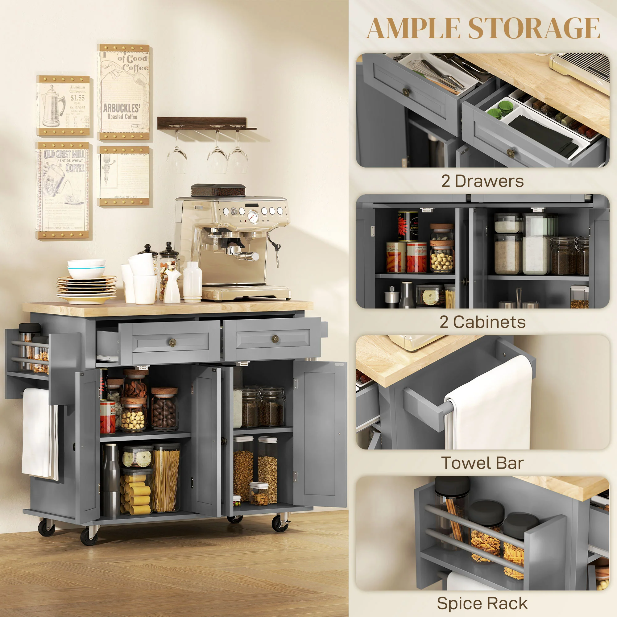 GlideSpace 44"W Butcher Block Cart, Movable Kitchen Island with Cabinets, Grey - Image 6