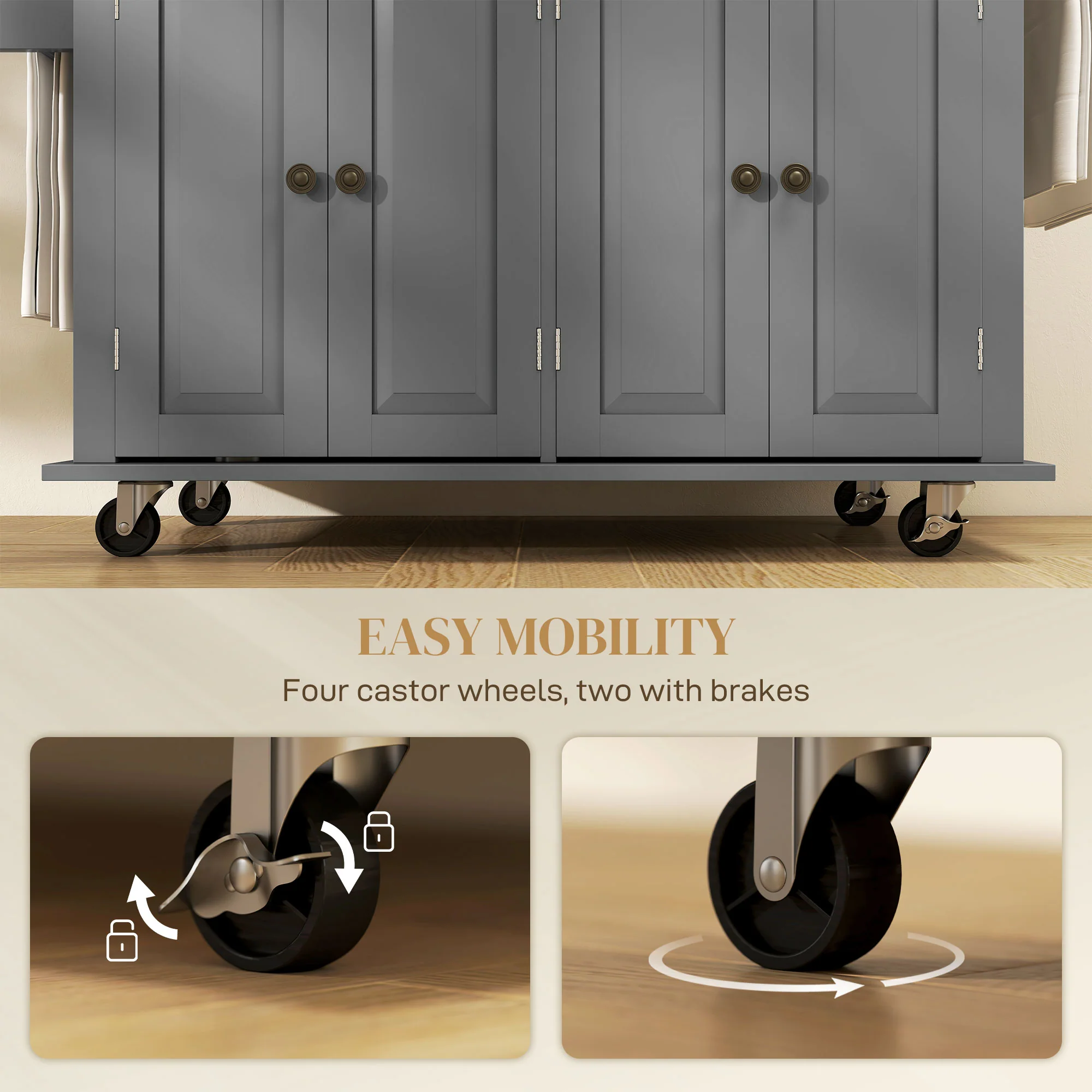 GlideSpace 44"W Butcher Block Cart, Movable Kitchen Island with Cabinets, Grey - Image 9