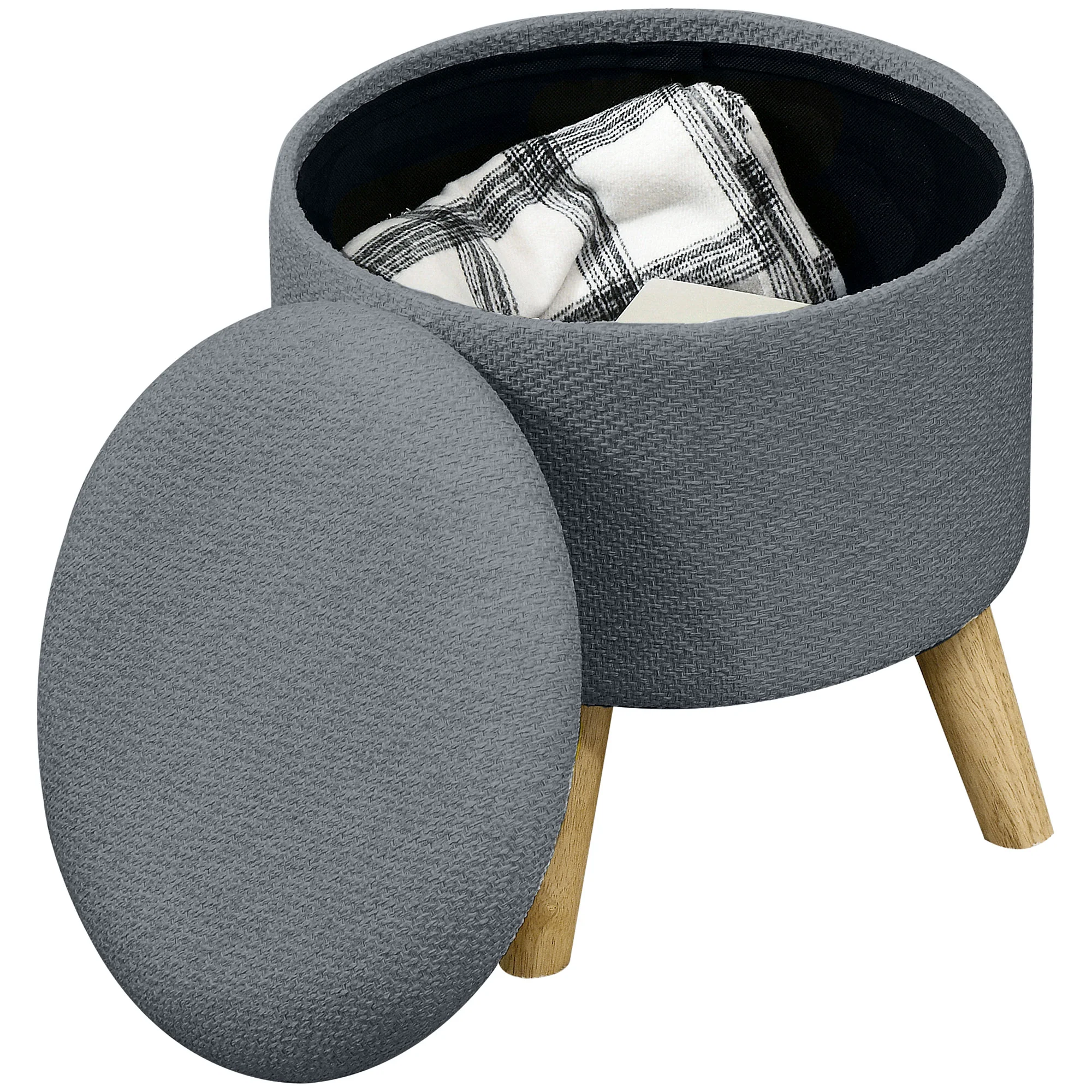 Round Ottoman Stool with Hidden Storage, Linen Fabric Upholstered Foot Stool, Grey - Image 10