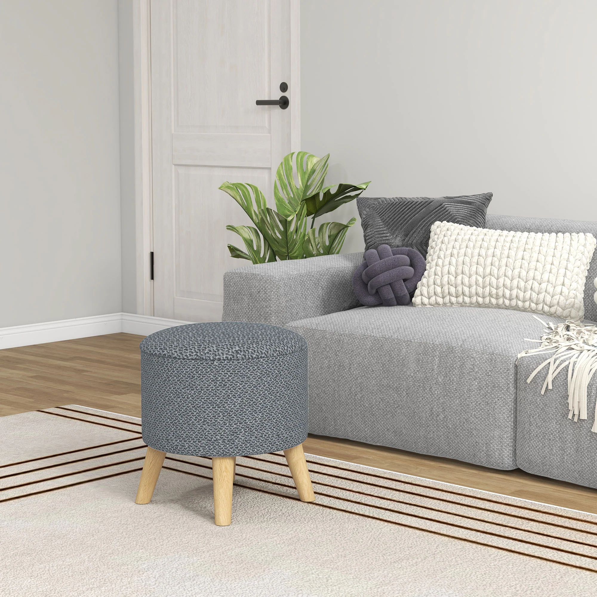 Round Ottoman Stool with Hidden Storage, Linen Fabric Upholstered Foot Stool, Grey - Image 3