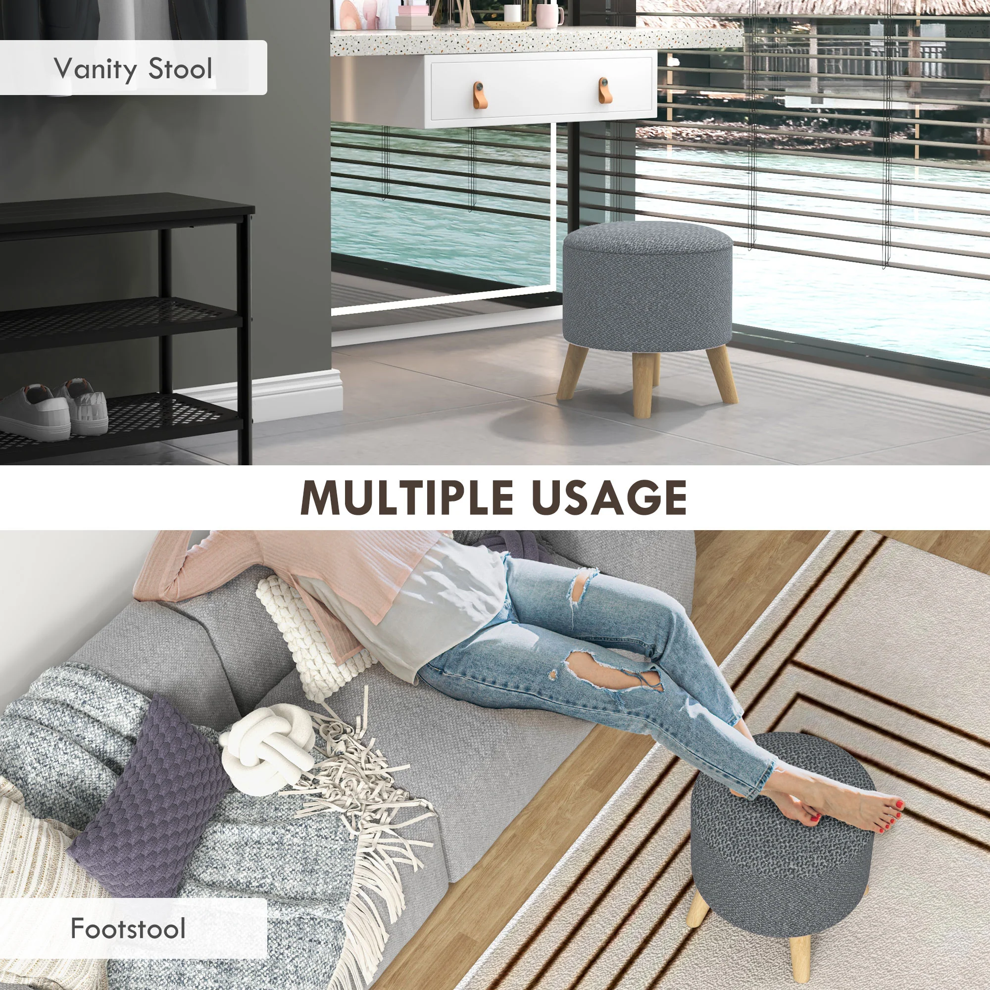 Round Ottoman Stool with Hidden Storage, Linen Fabric Upholstered Foot Stool, Grey - Image 6