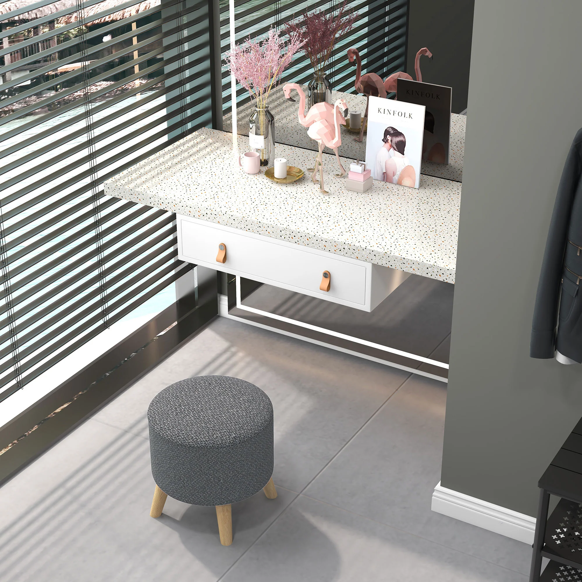 Round Ottoman Stool with Hidden Storage, Linen Fabric Upholstered Foot Stool, Grey - Image 9
