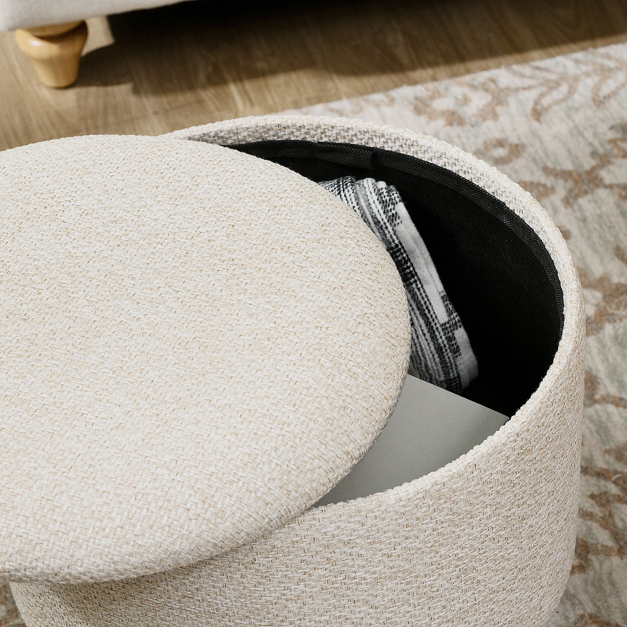 Round Ottoman Stool with Hidden Storage, Linen Fabric Upholstered Foot Stool, White - Image 10