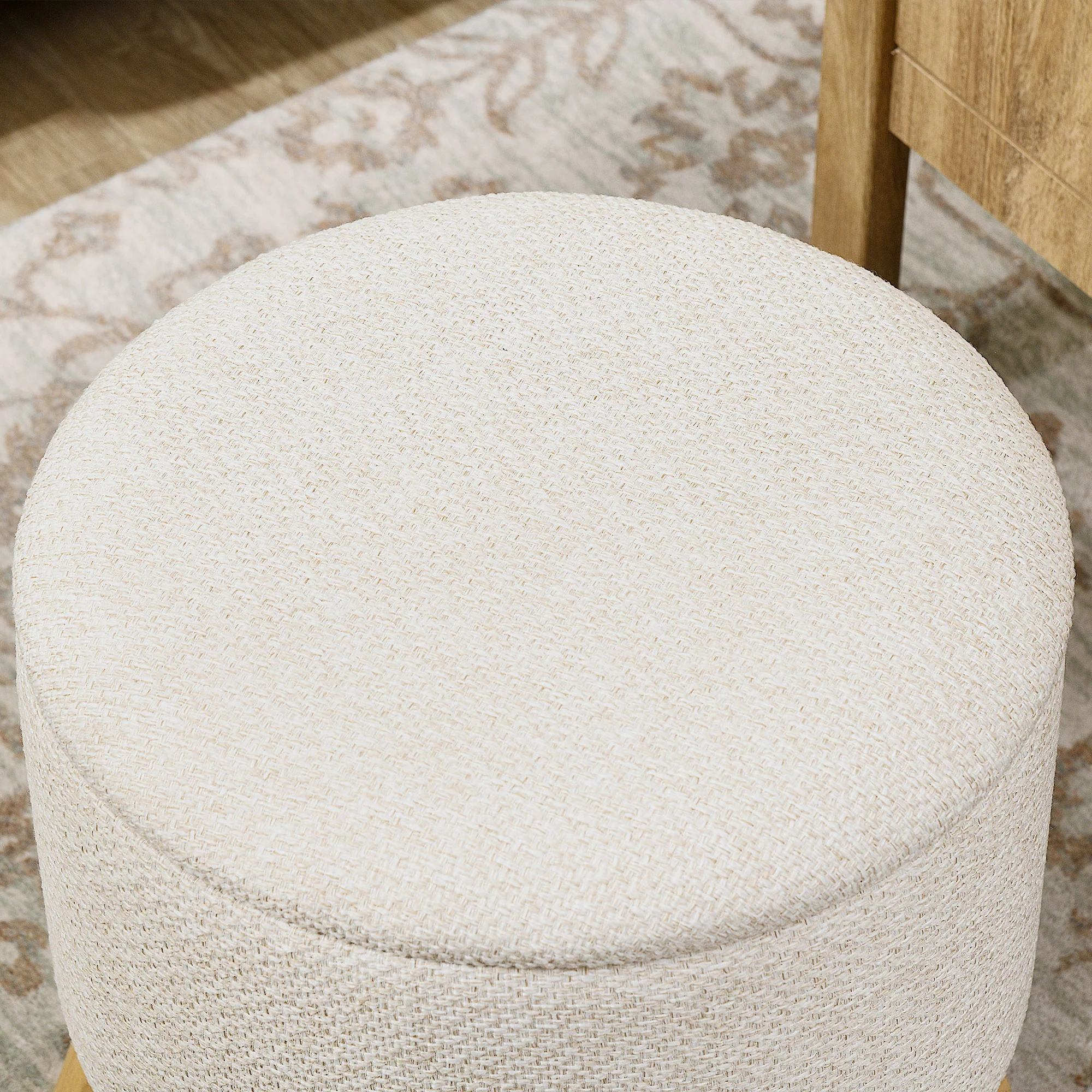 Round Ottoman Stool with Hidden Storage, Linen Fabric Upholstered Foot Stool, White - Image 11