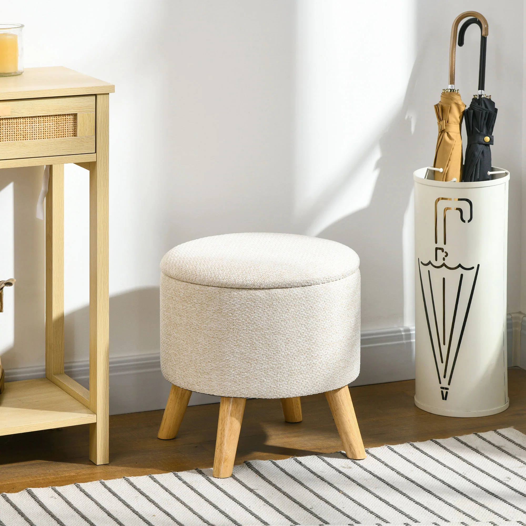 Round Ottoman Stool with Hidden Storage, Linen Fabric Upholstered Foot Stool, White - Image 3