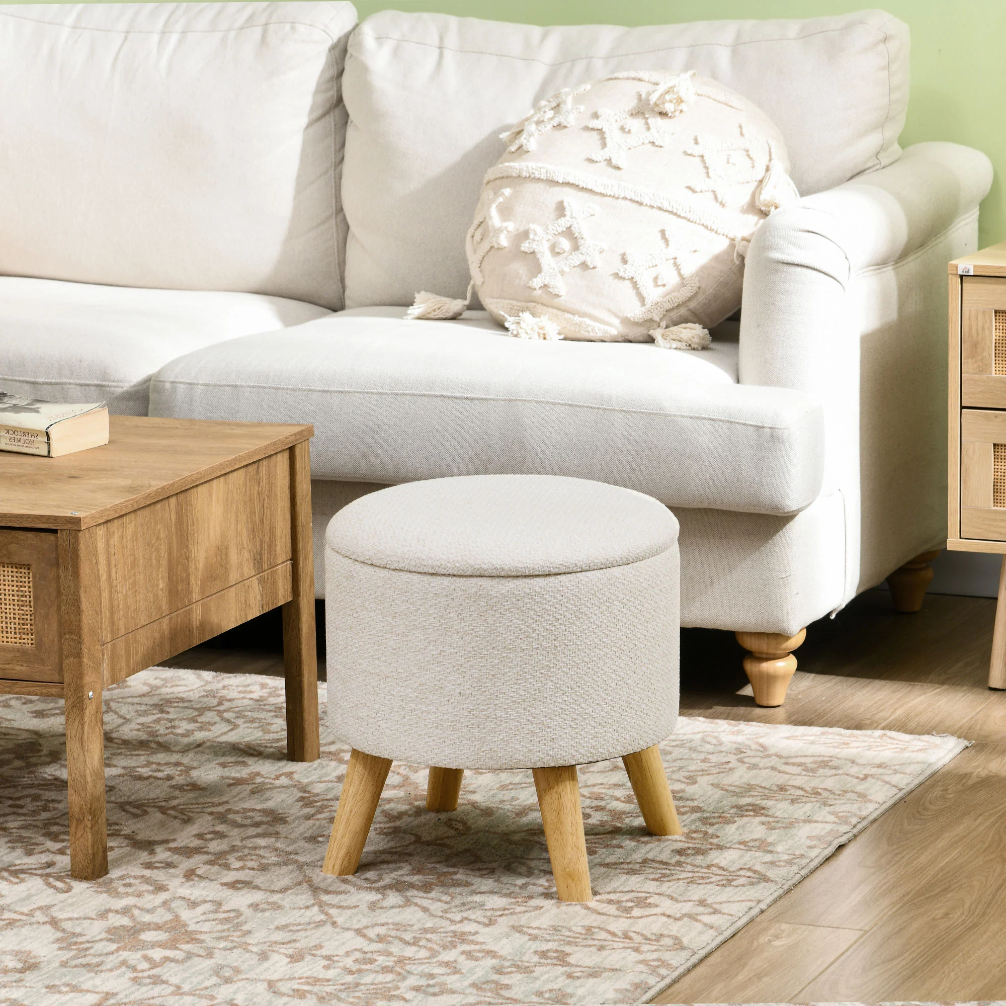 Round Ottoman Stool with Hidden Storage, Linen Fabric Upholstered Foot Stool, White - Image 4