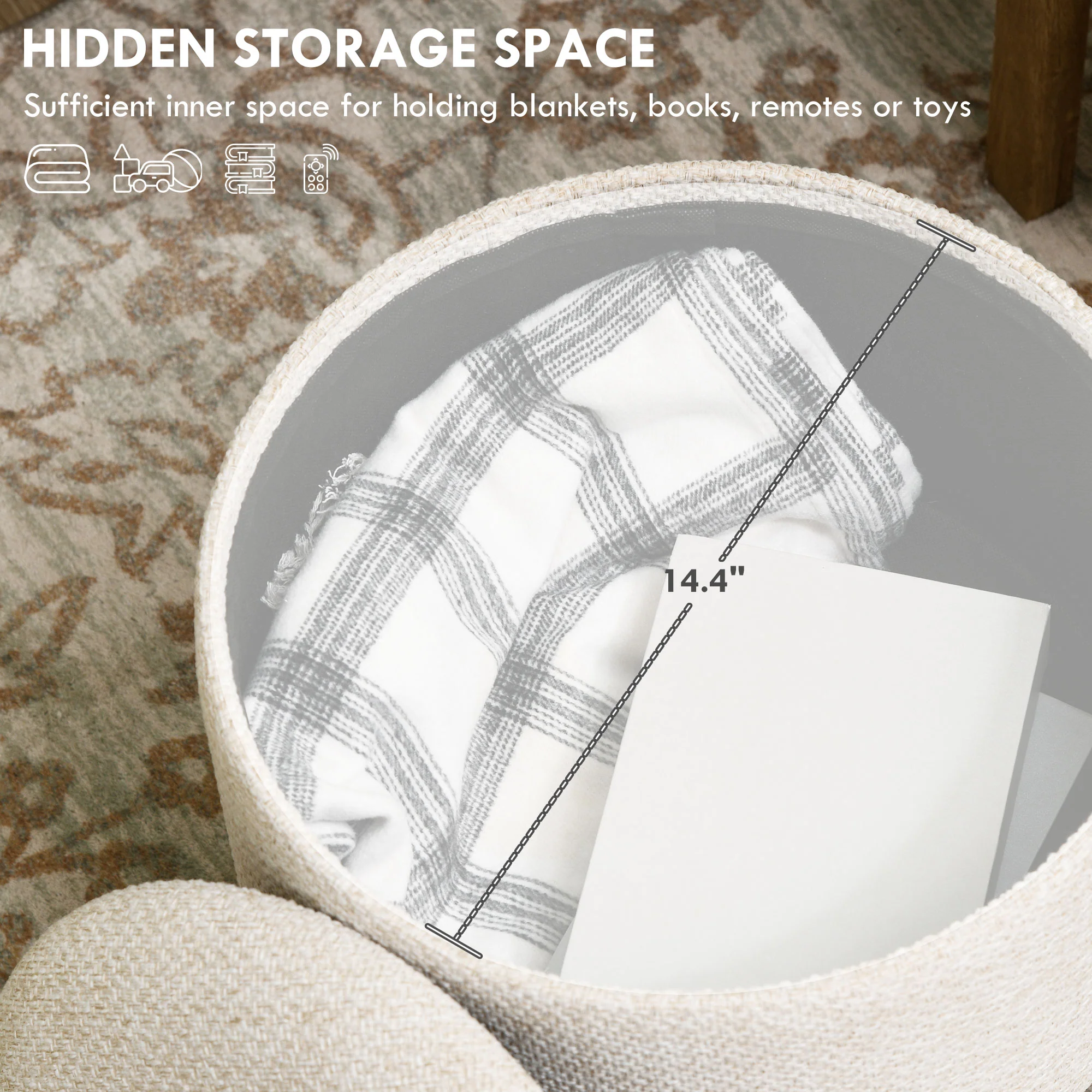 Round Ottoman Stool with Hidden Storage, Linen Fabric Upholstered Foot Stool, White - Image 6