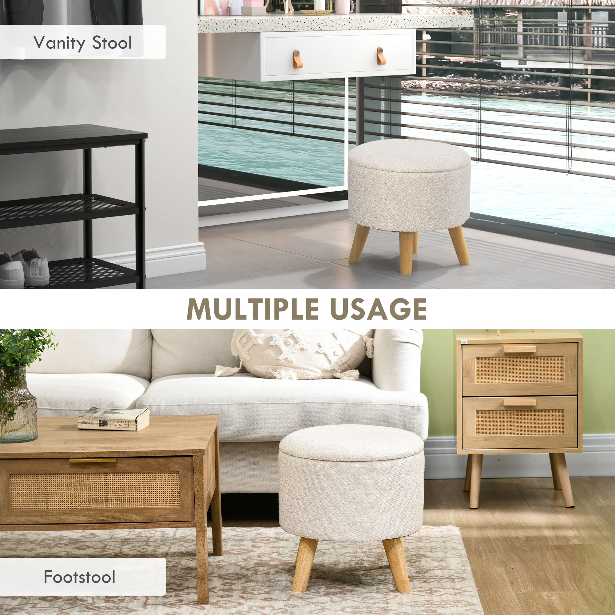 Round Ottoman Stool with Hidden Storage, Linen Fabric Upholstered Foot Stool, White - Image 8