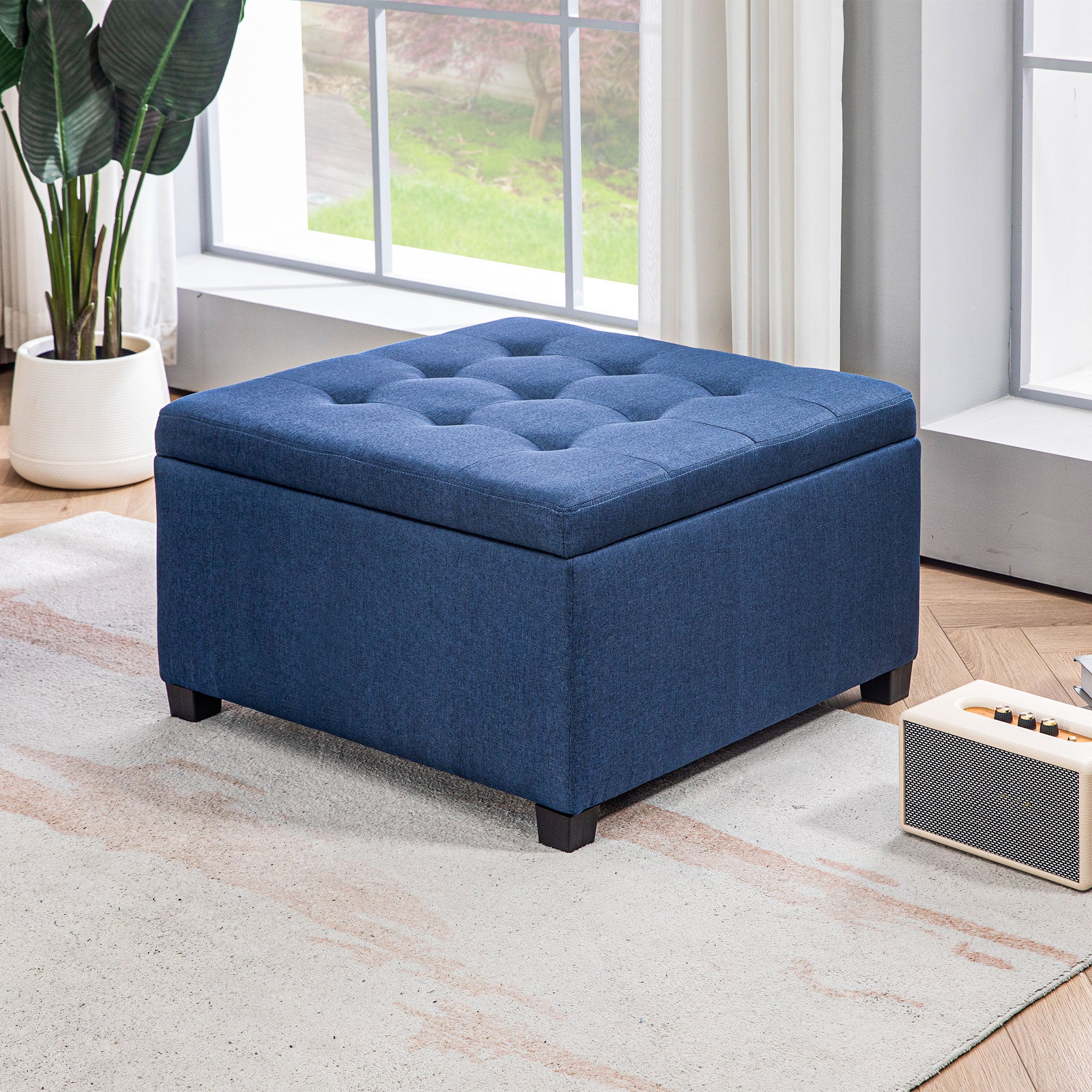 Round Storage Ottoman Bench, Button Tufted Ottoman with Flip Top for Entryway, Blue - Image 10