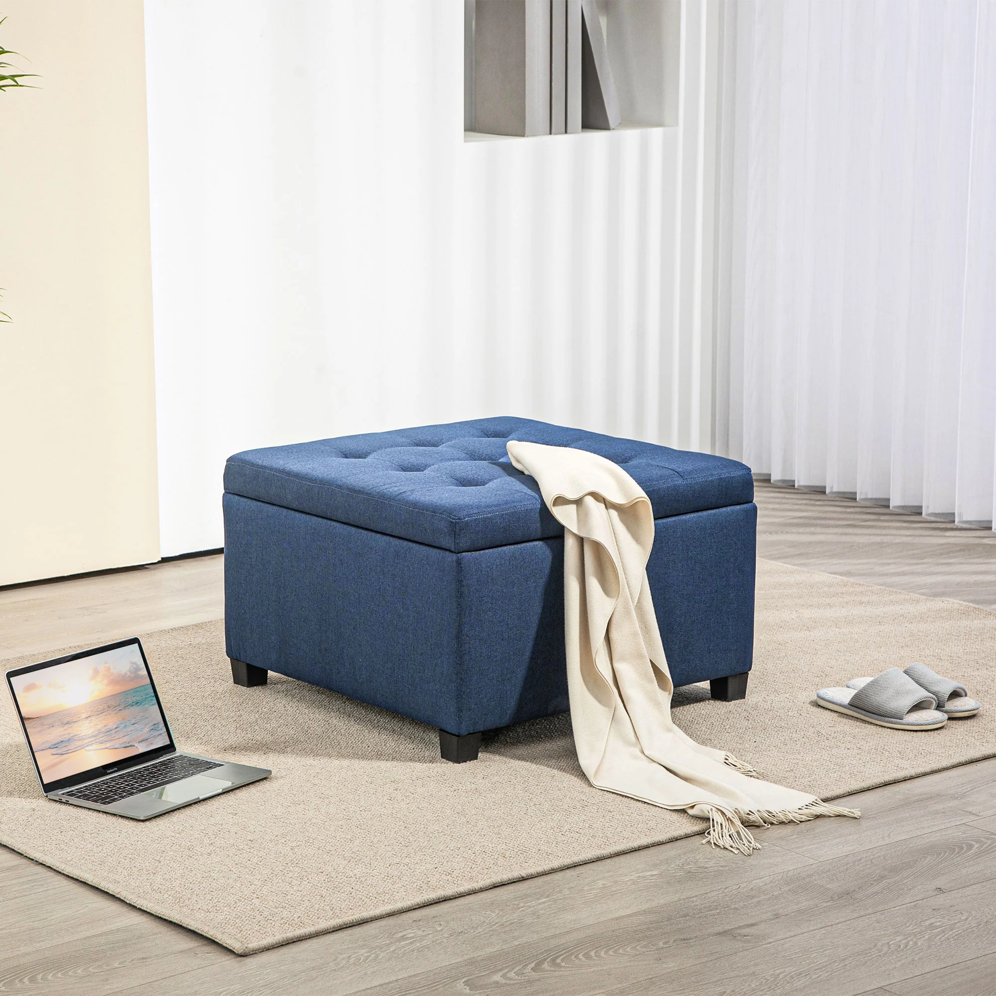 Round Storage Ottoman Bench, Button Tufted Ottoman with Flip Top for Entryway, Blue - Image 3