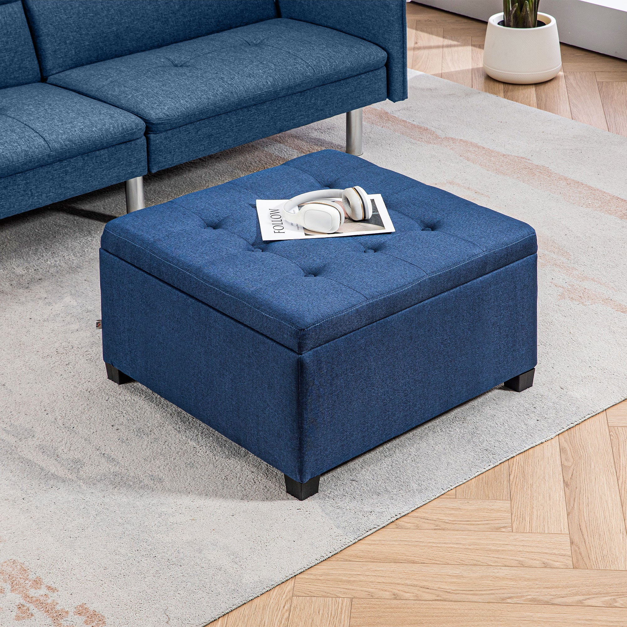 Round Storage Ottoman Bench, Button Tufted Ottoman with Flip Top for Entryway, Blue - Image 4