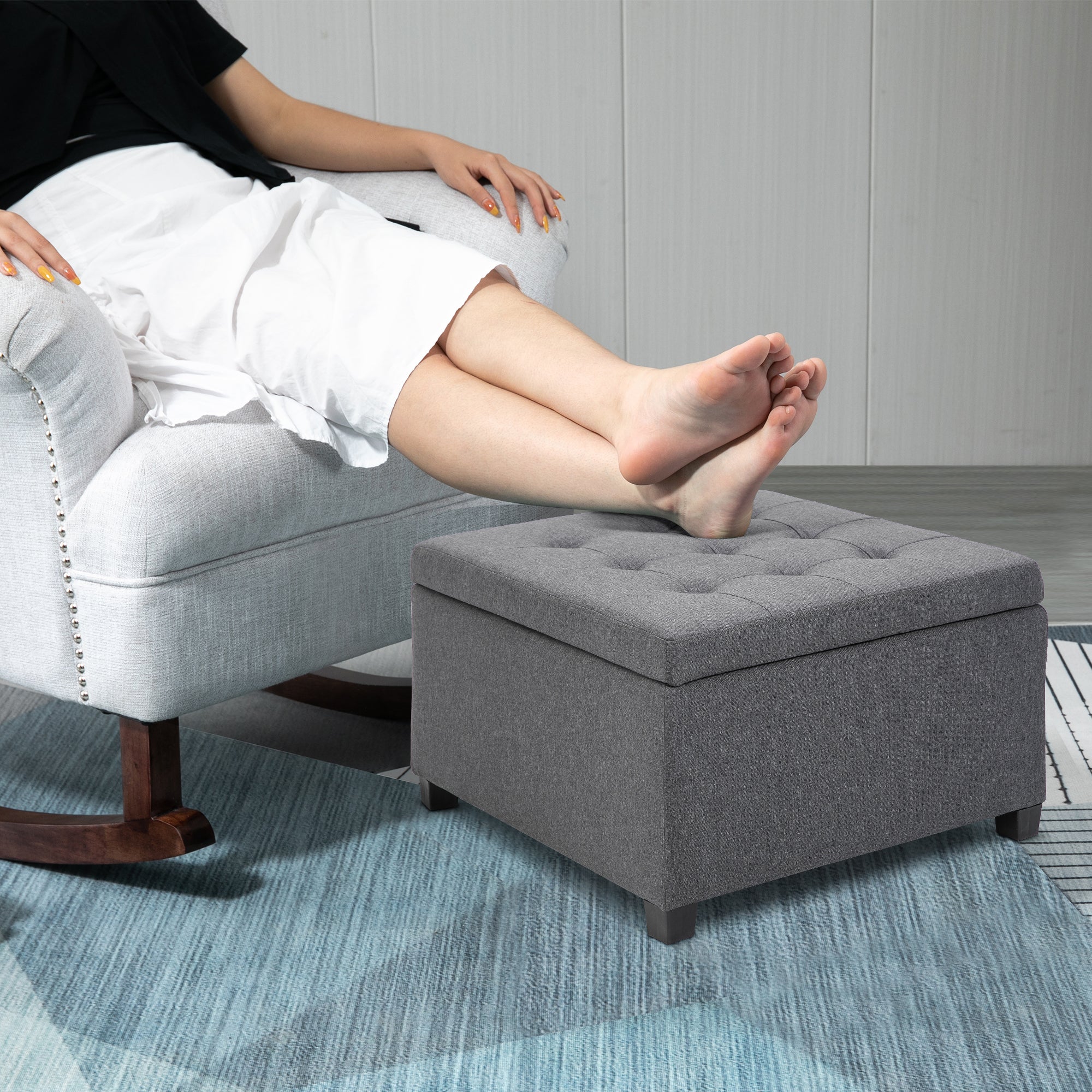 Round Storage Ottoman Bench, Button Tufted Ottoman with Flip Top for Entryway, Gray - Image 10