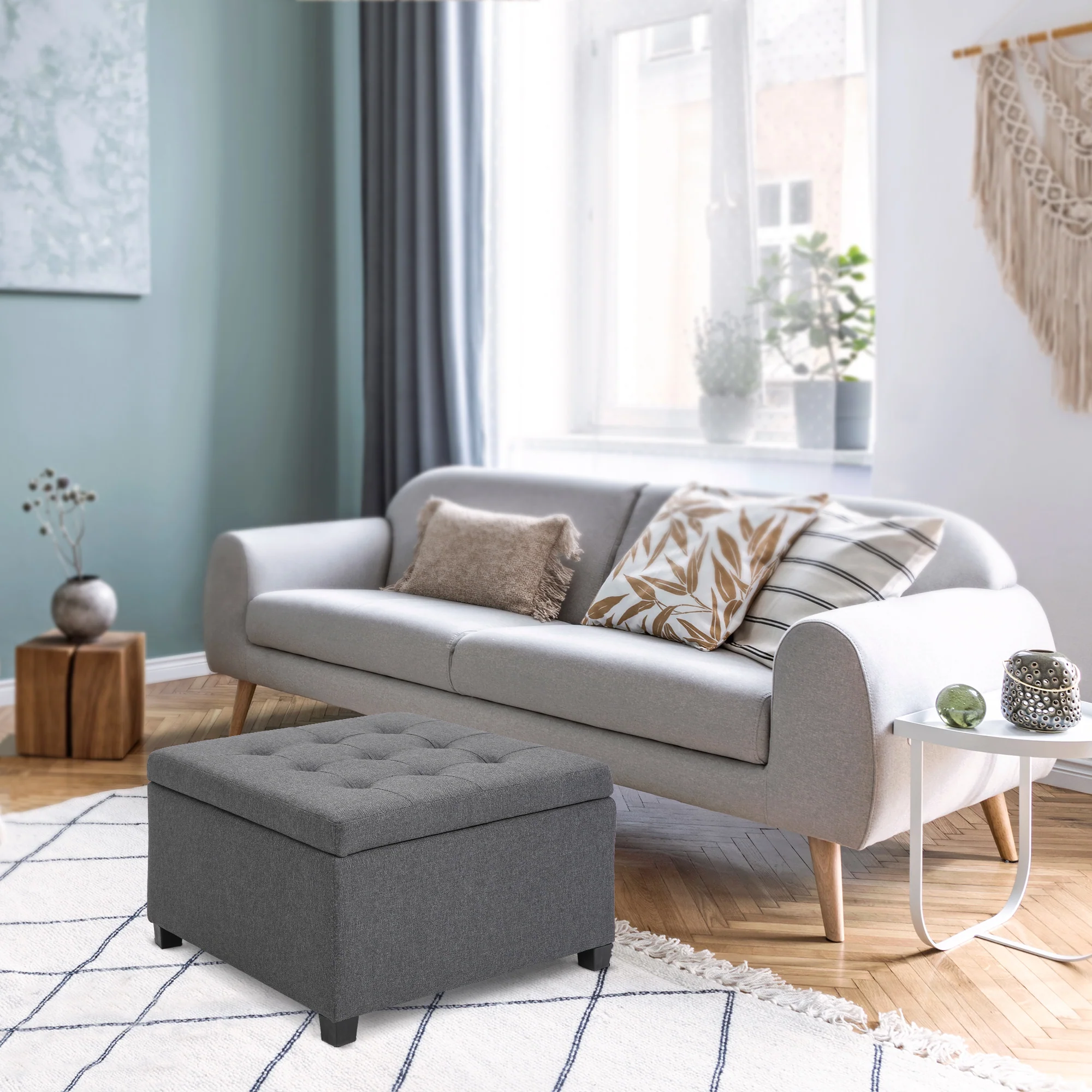 Round Storage Ottoman Bench, Button Tufted Ottoman with Flip Top for Entryway, Gray - Image 3