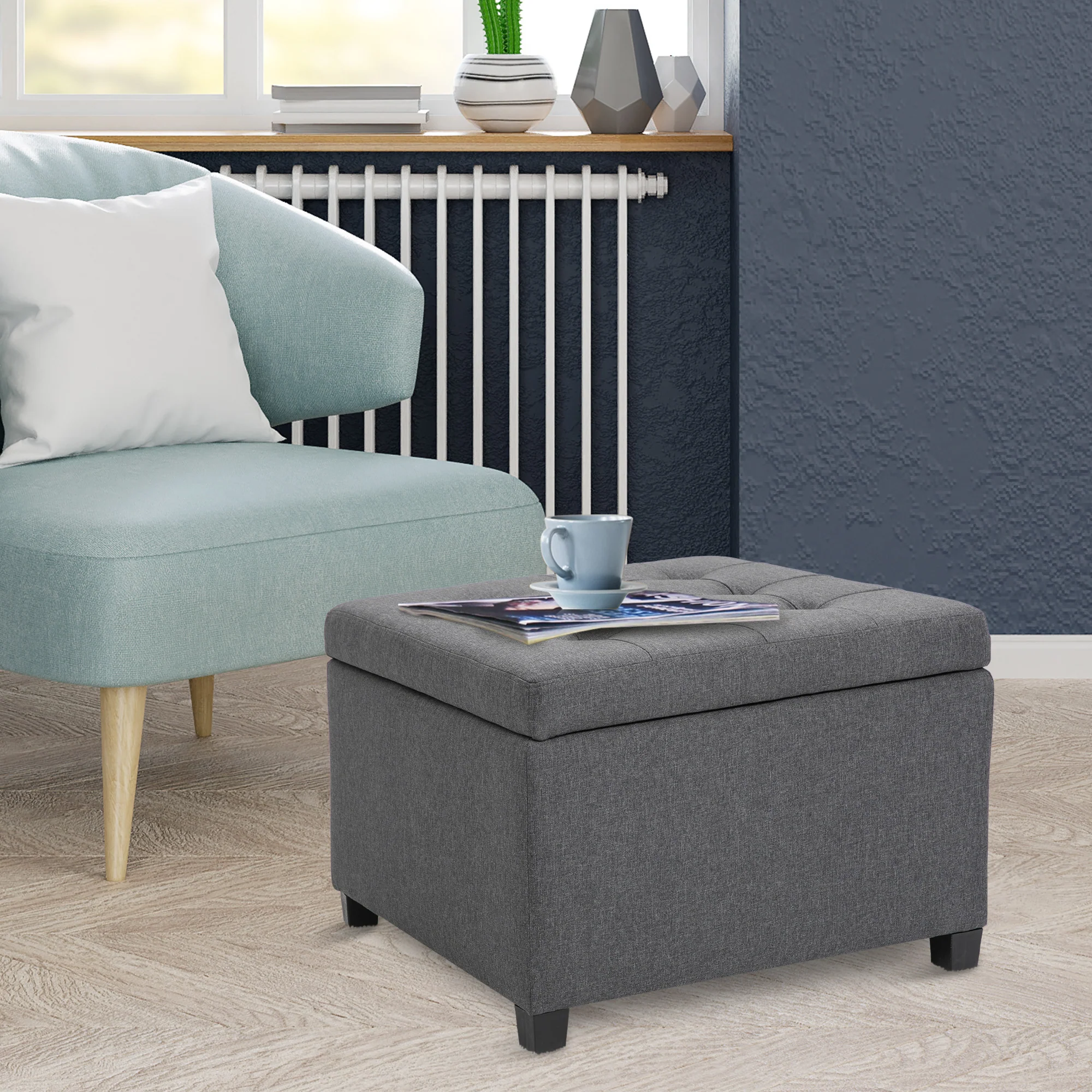 Round Storage Ottoman Bench, Button Tufted Ottoman with Flip Top for Entryway, Gray - Image 4