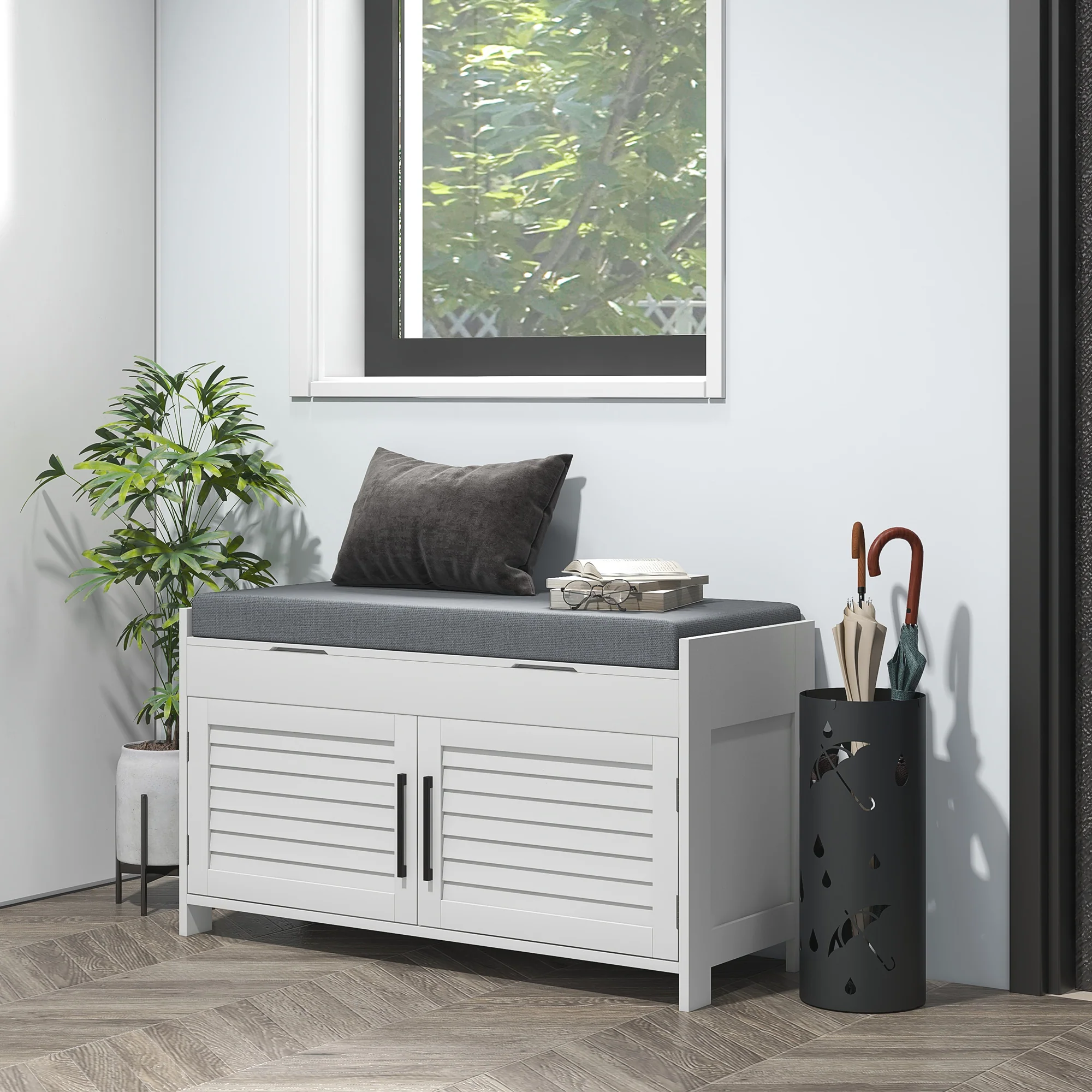 Shoe Storage Bench with Hidden Compartments, Adjustable Shelves & Shutter Doors, White - Image 3
