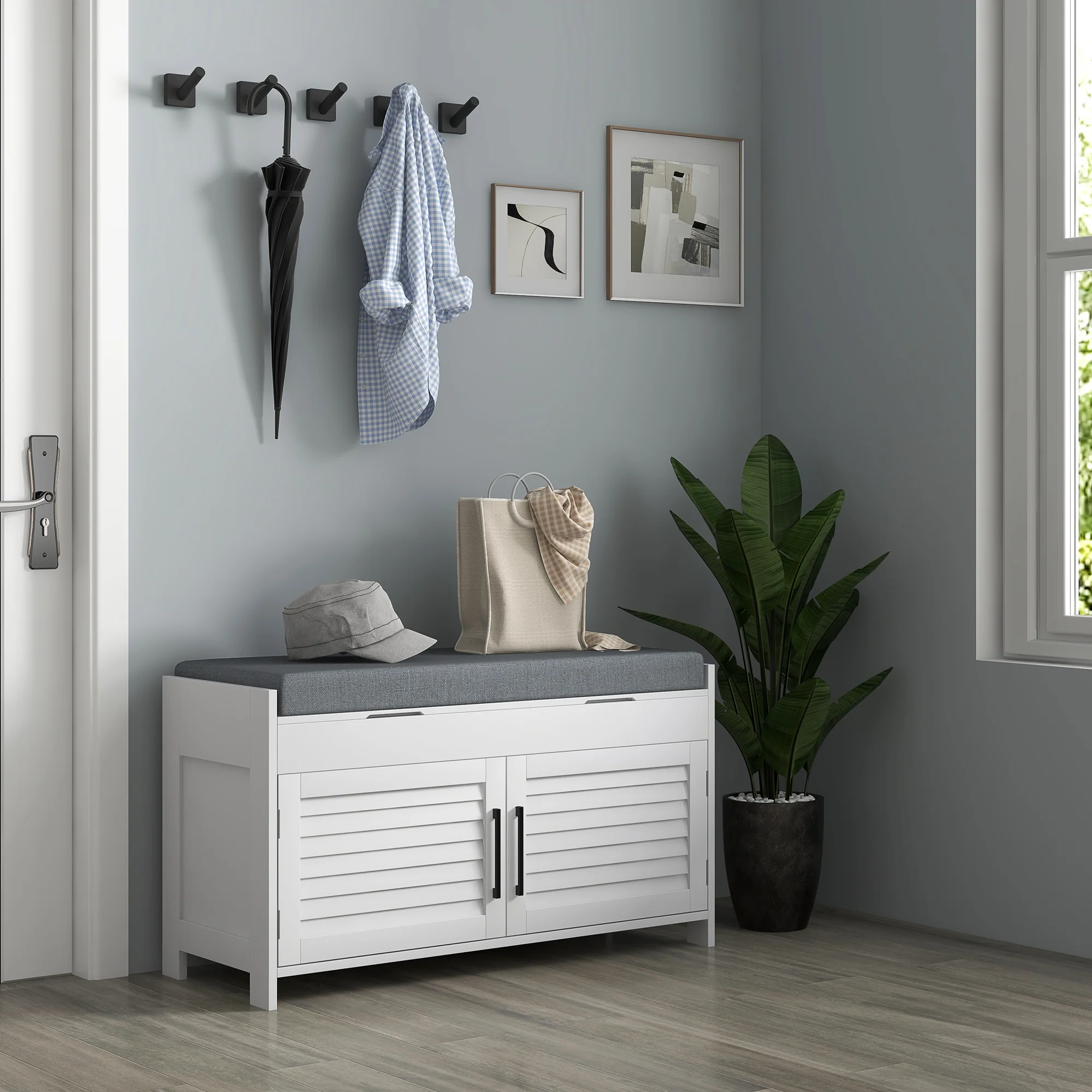 Shoe Storage Bench with Hidden Compartments, Adjustable Shelves & Shutter Doors, White - Image 4