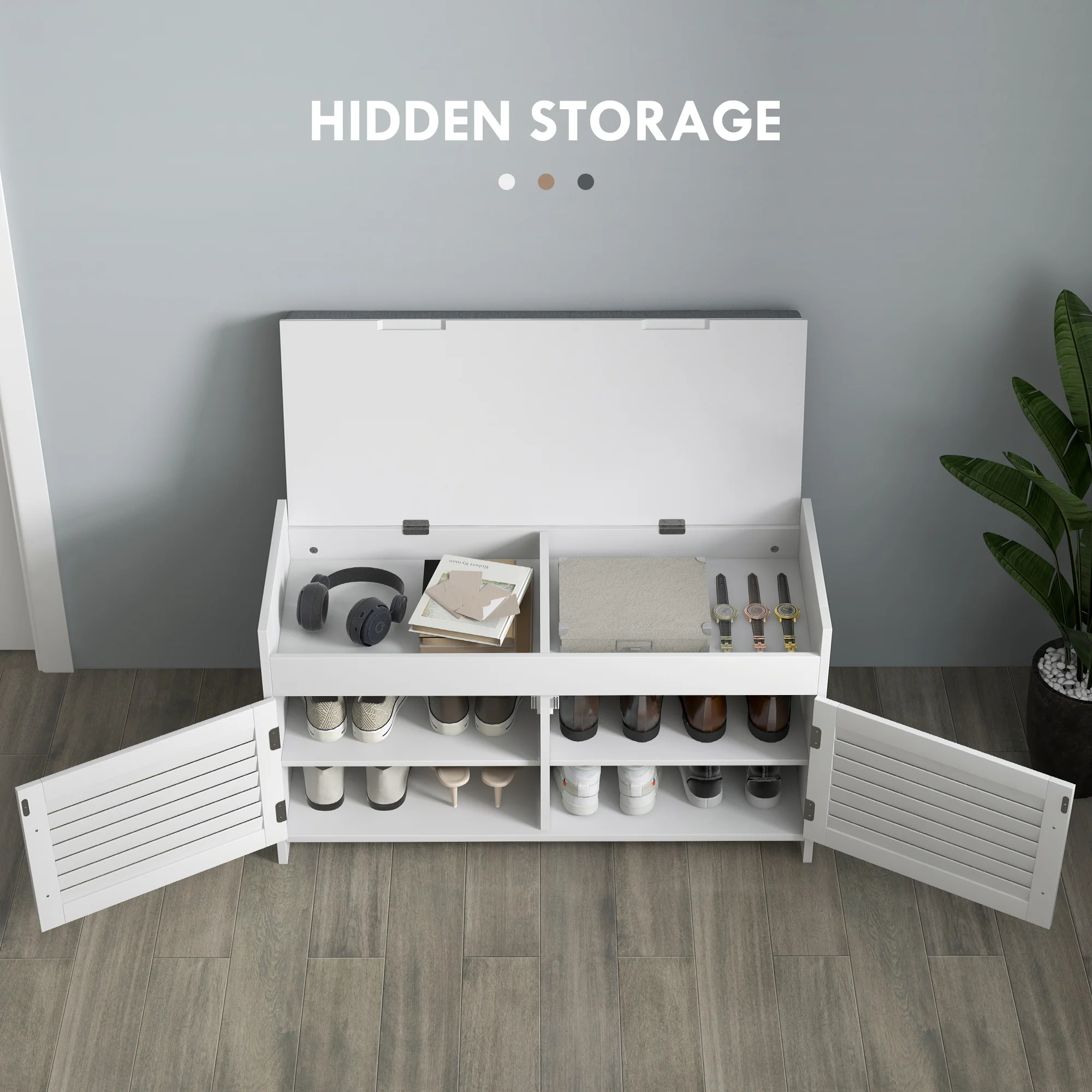 Shoe Storage Bench with Hidden Compartments, Adjustable Shelves & Shutter Doors, White - Image 6
