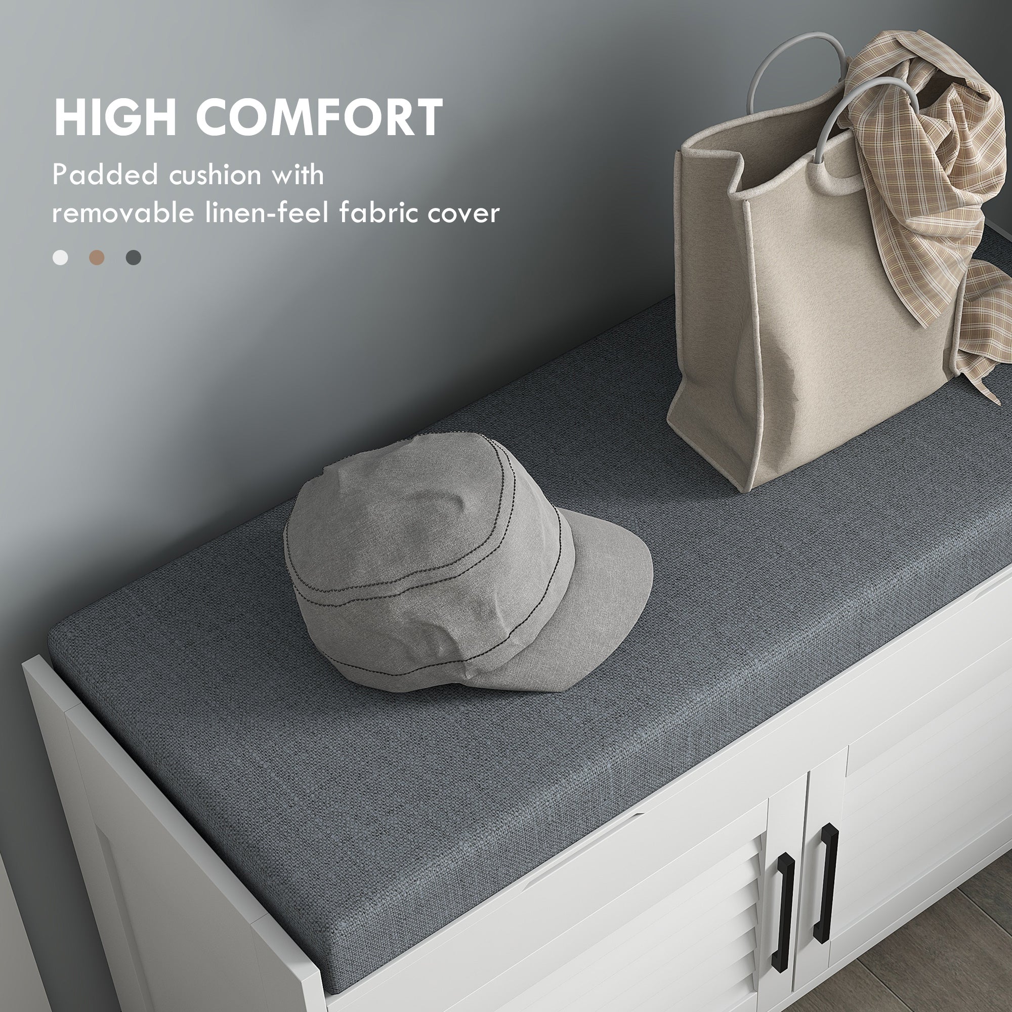 Shoe Storage Bench with Hidden Compartments, Adjustable Shelves & Shutter Doors, White - Image 7