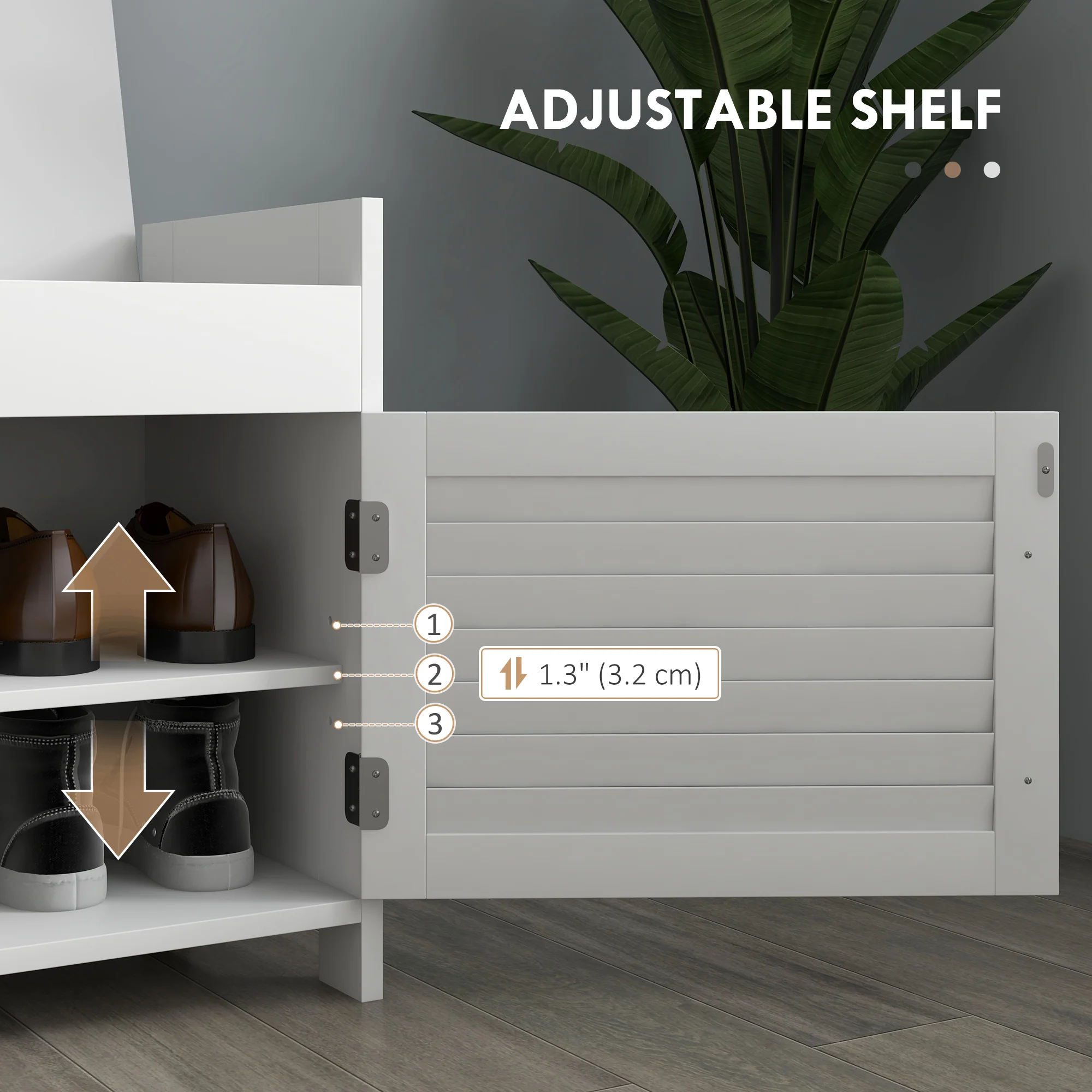 Shoe Storage Bench with Hidden Compartments, Adjustable Shelves & Shutter Doors, White - Image 8