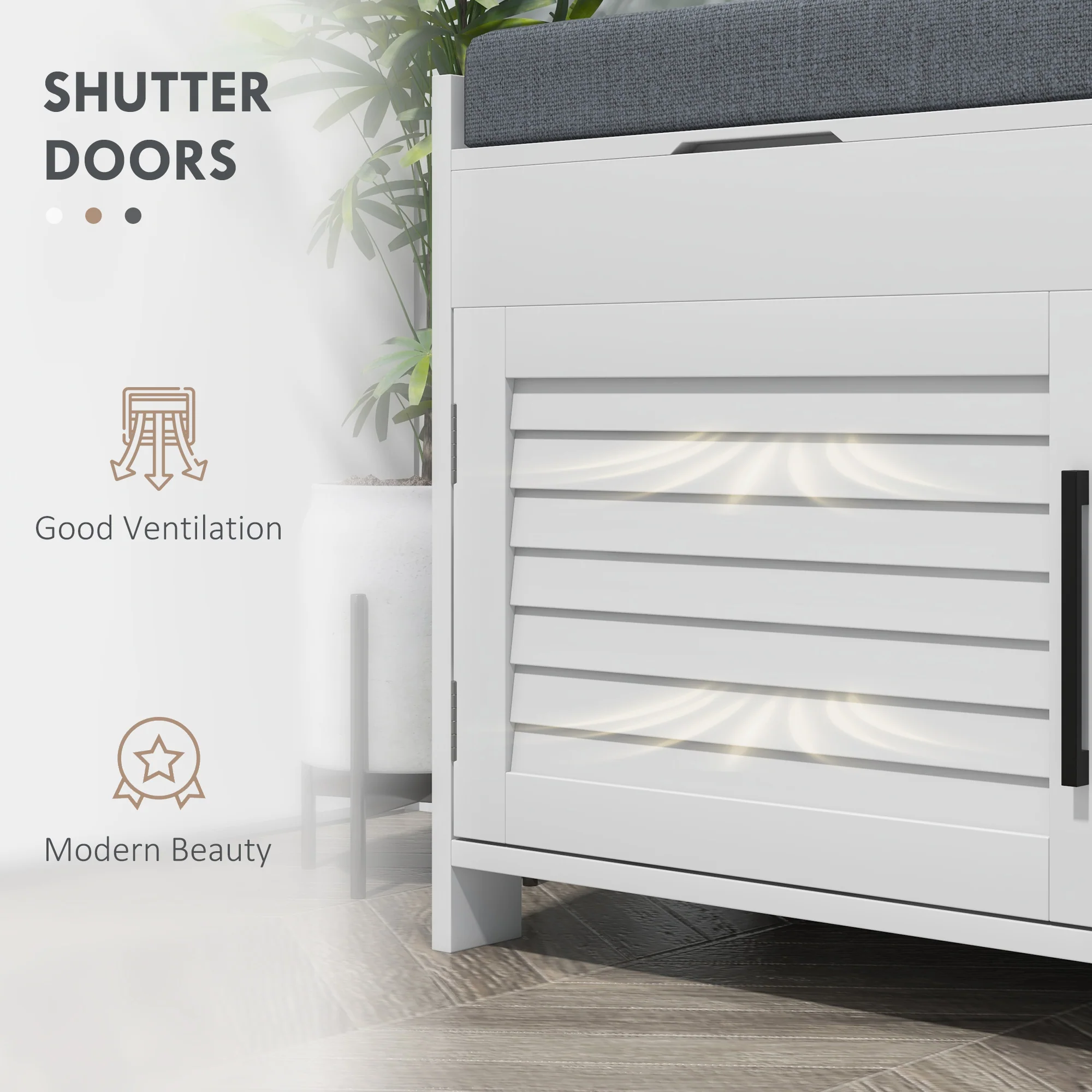 Shoe Storage Bench with Hidden Compartments, Adjustable Shelves & Shutter Doors, White - Image 9