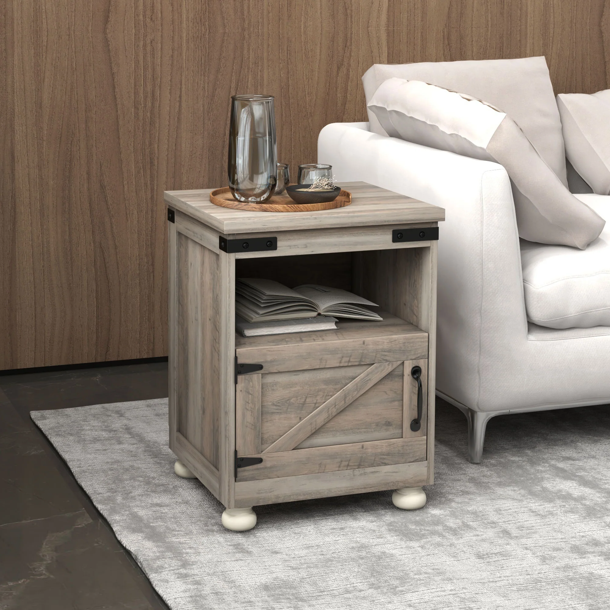 Side Table with Storage, End Table with Open Shelf, Cupboard and Wood Legs, Gray - Image 10