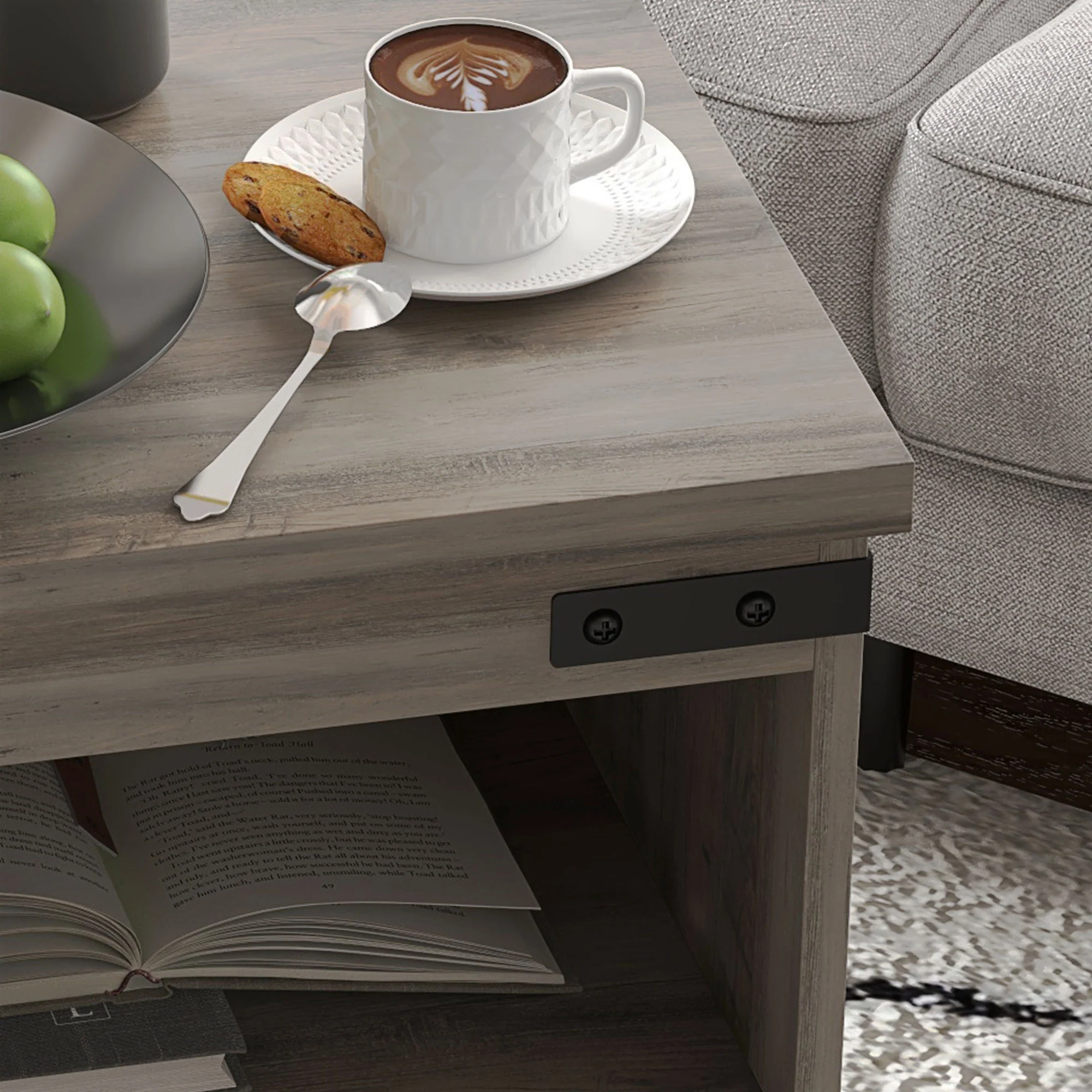 Side Table with Storage, End Table with Open Shelf, Cupboard and Wood Legs, Gray - Image 11