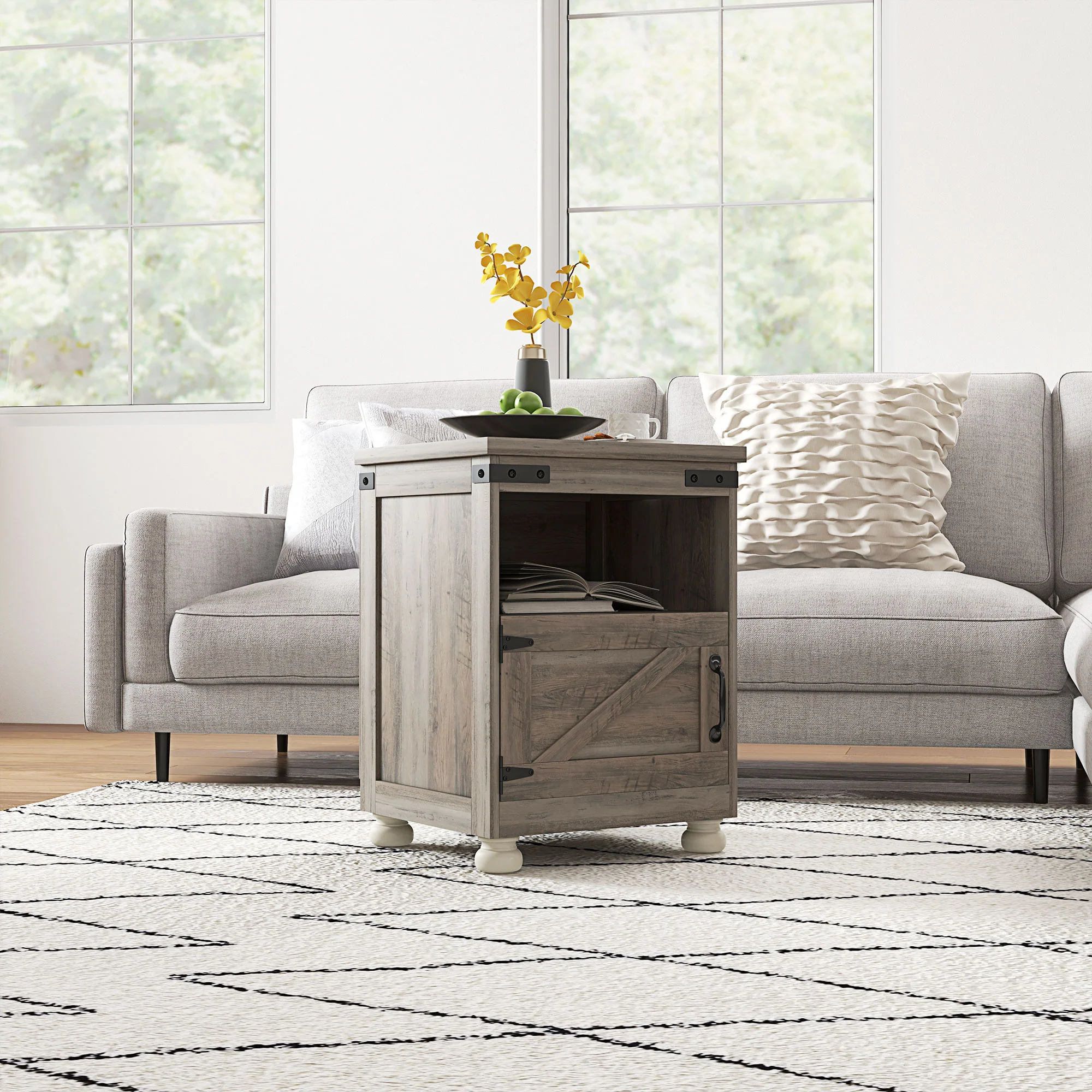 Side Table with Storage, End Table with Open Shelf, Cupboard and Wood Legs, Gray - Image 3