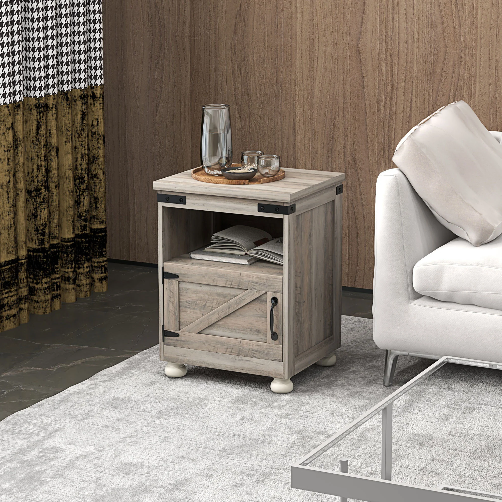 Side Table with Storage, End Table with Open Shelf, Cupboard and Wood Legs, Gray - Image 4