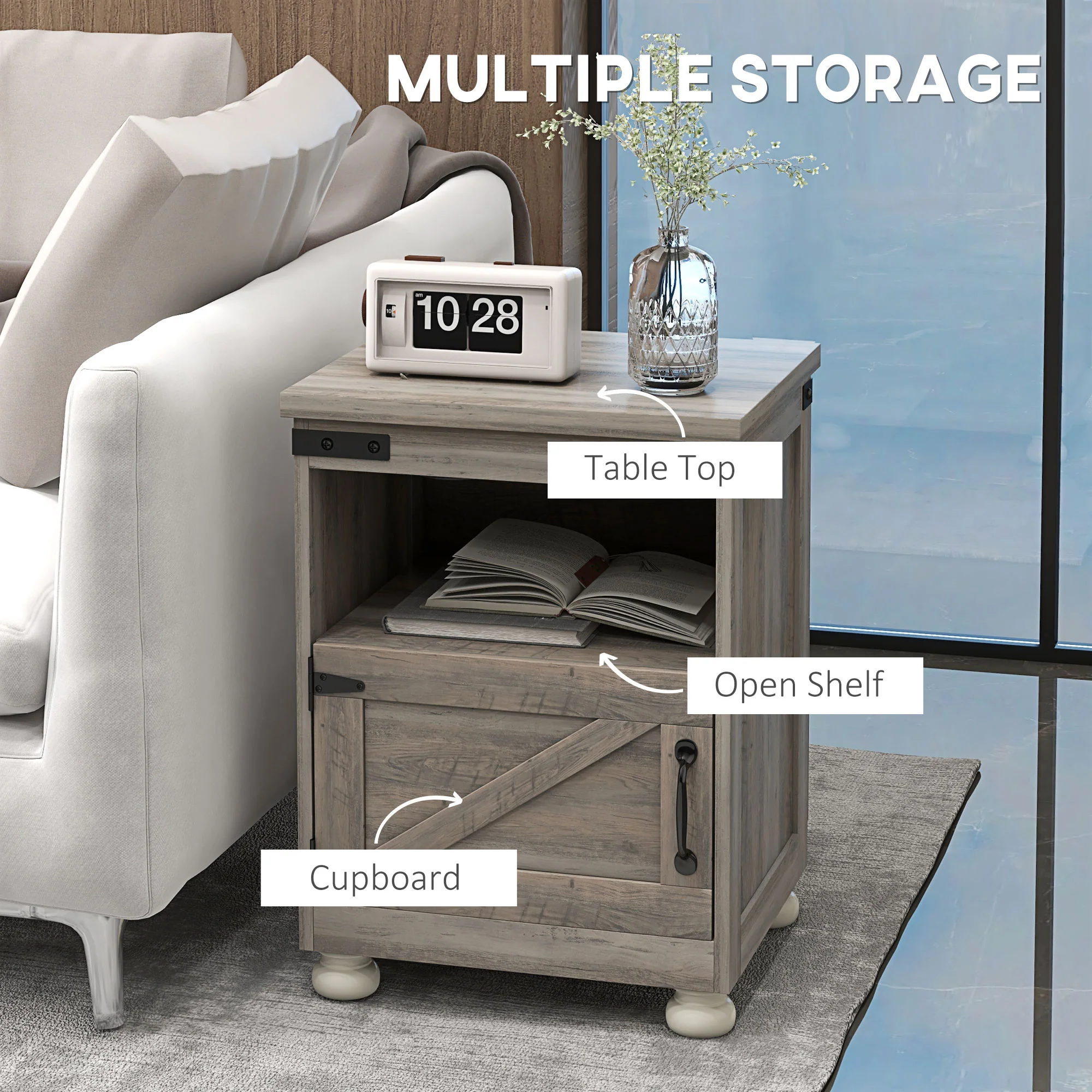 Side Table with Storage, End Table with Open Shelf, Cupboard and Wood Legs, Gray - Image 6