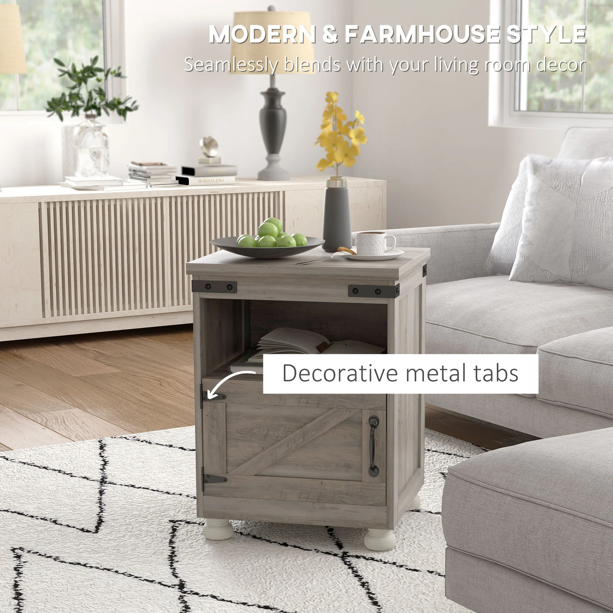 Side Table with Storage, End Table with Open Shelf, Cupboard and Wood Legs, Gray - Image 8