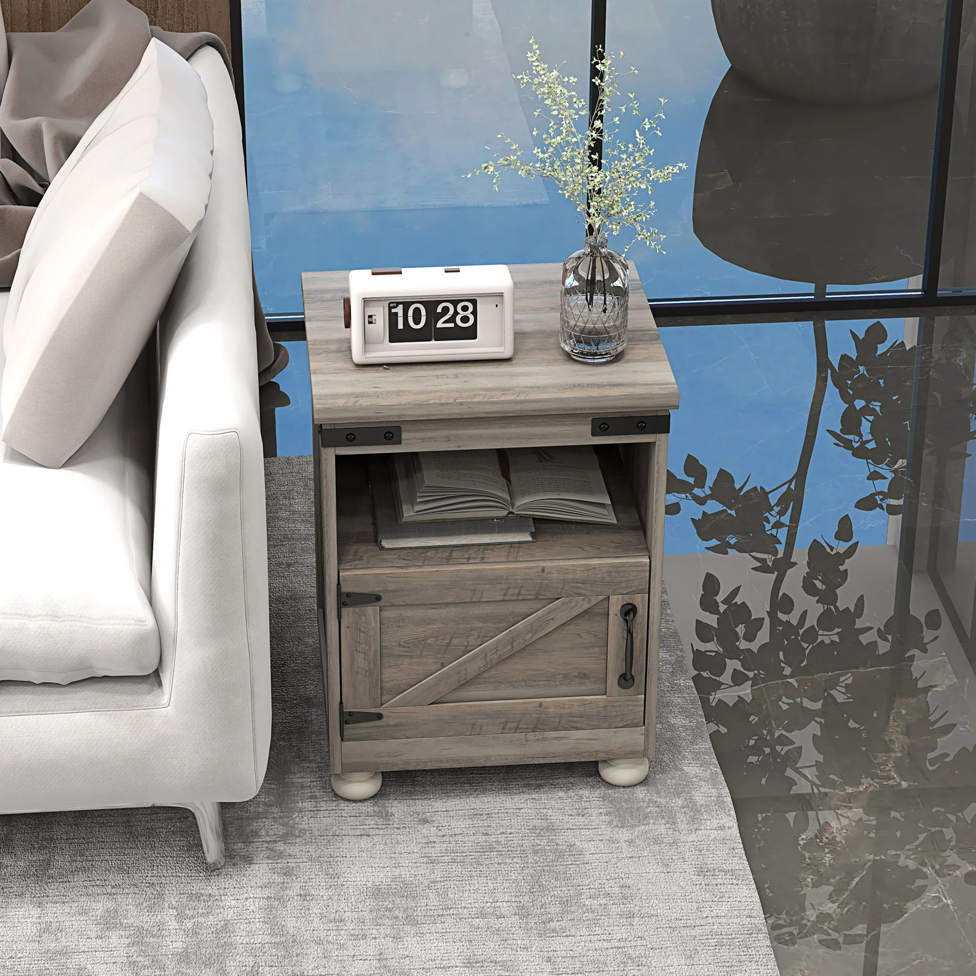 Side Table with Storage, End Table with Open Shelf, Cupboard and Wood Legs, Gray - Image 9