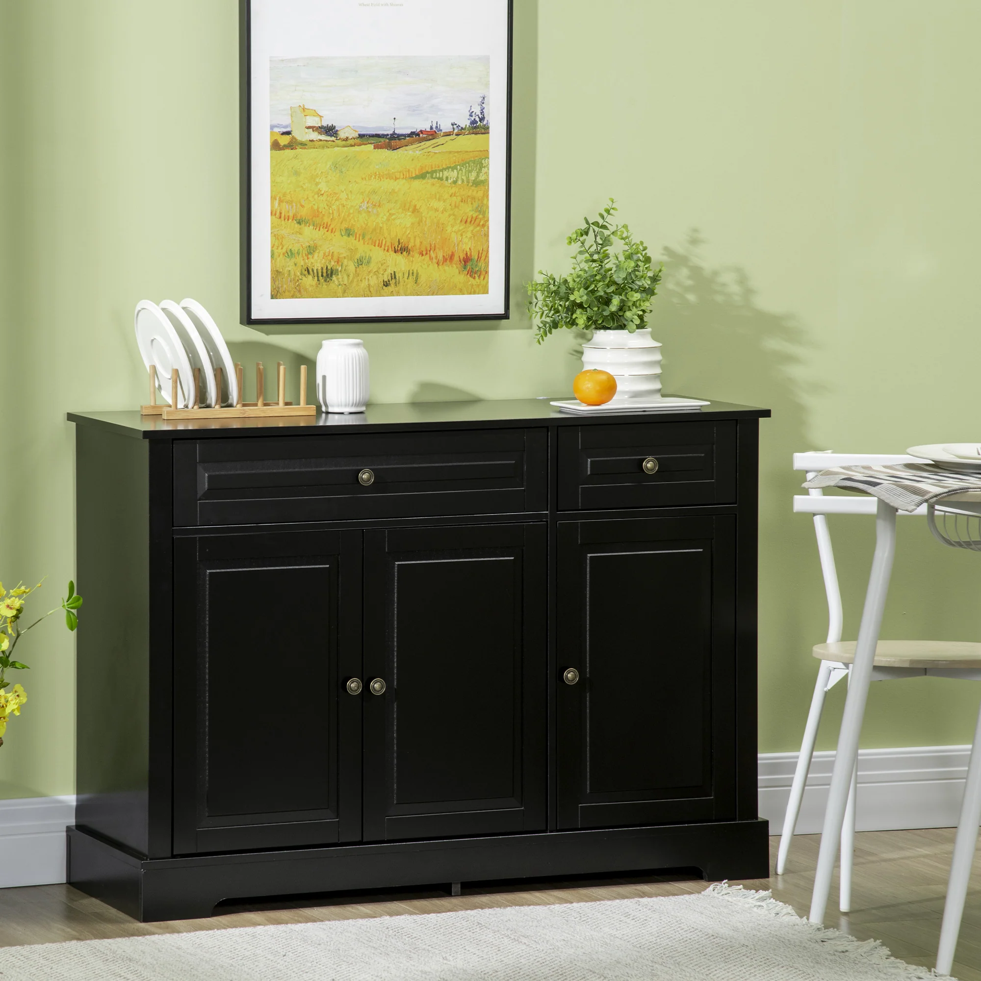 Kitchen Sideboard Buffet Cabinet with 2 Drawers and Adjustable Shelves, Black - Image 3