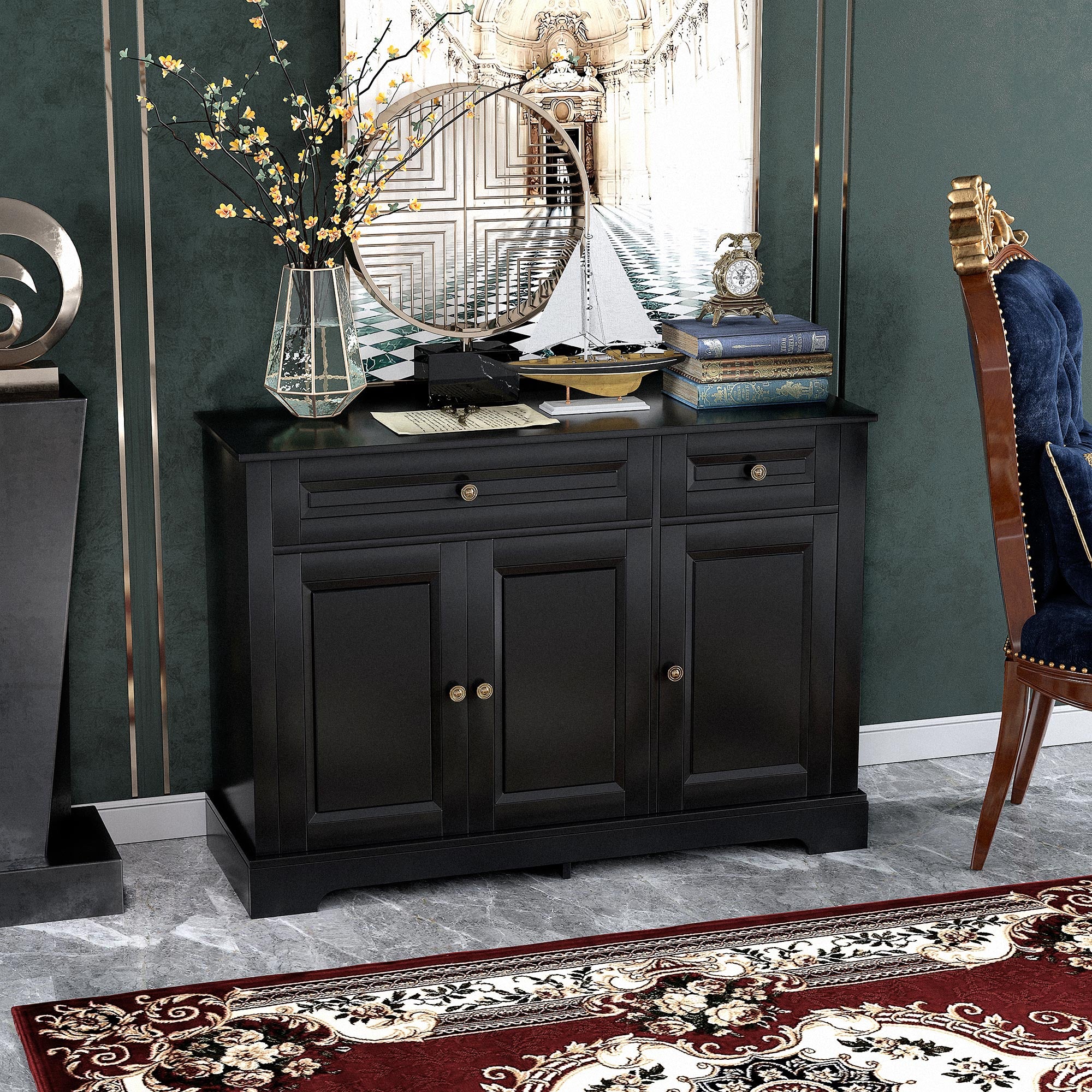 Kitchen Sideboard Buffet Cabinet with 2 Drawers and Adjustable Shelves, Black - Image 4