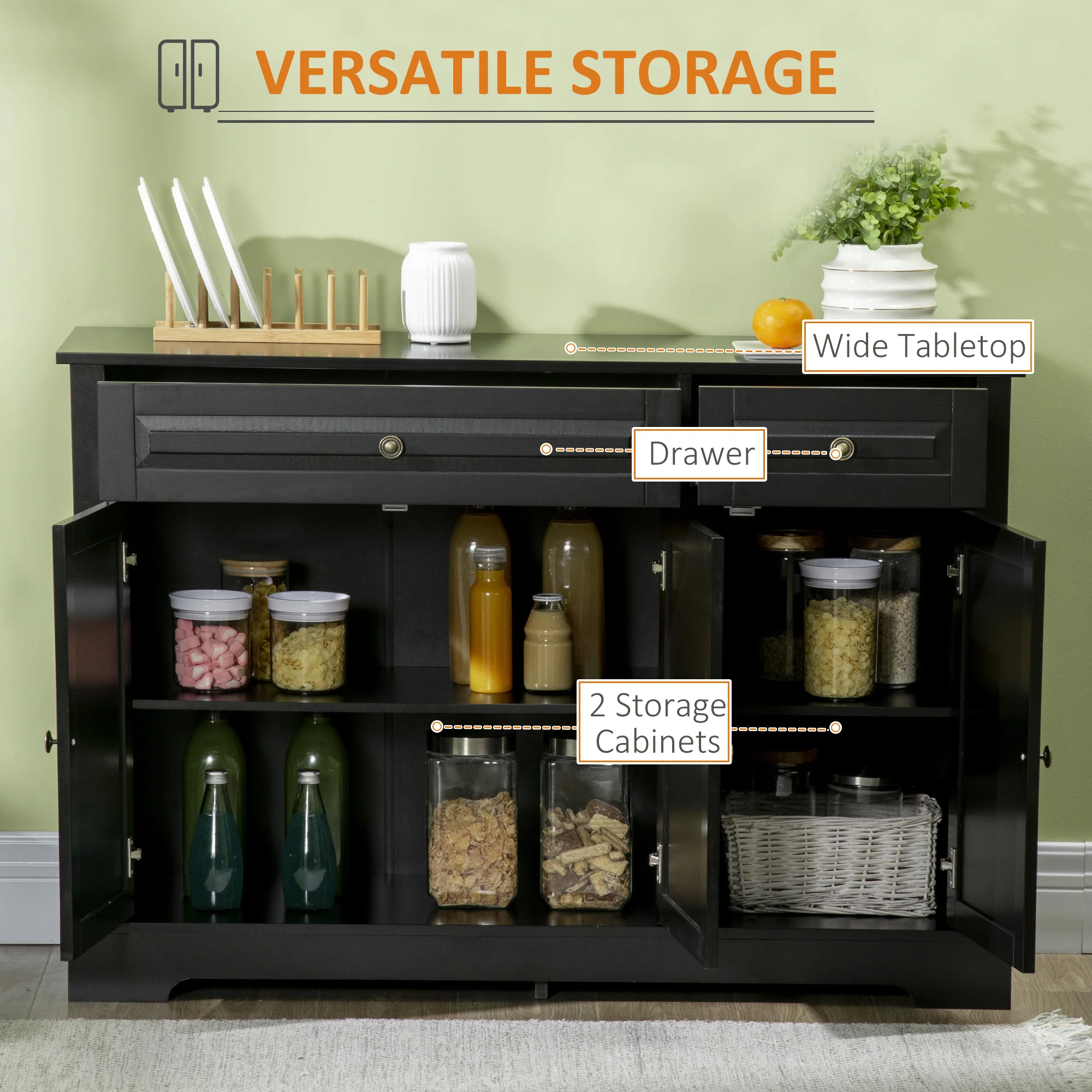 Kitchen Sideboard Buffet Cabinet with 2 Drawers and Adjustable Shelves, Black - Image 6