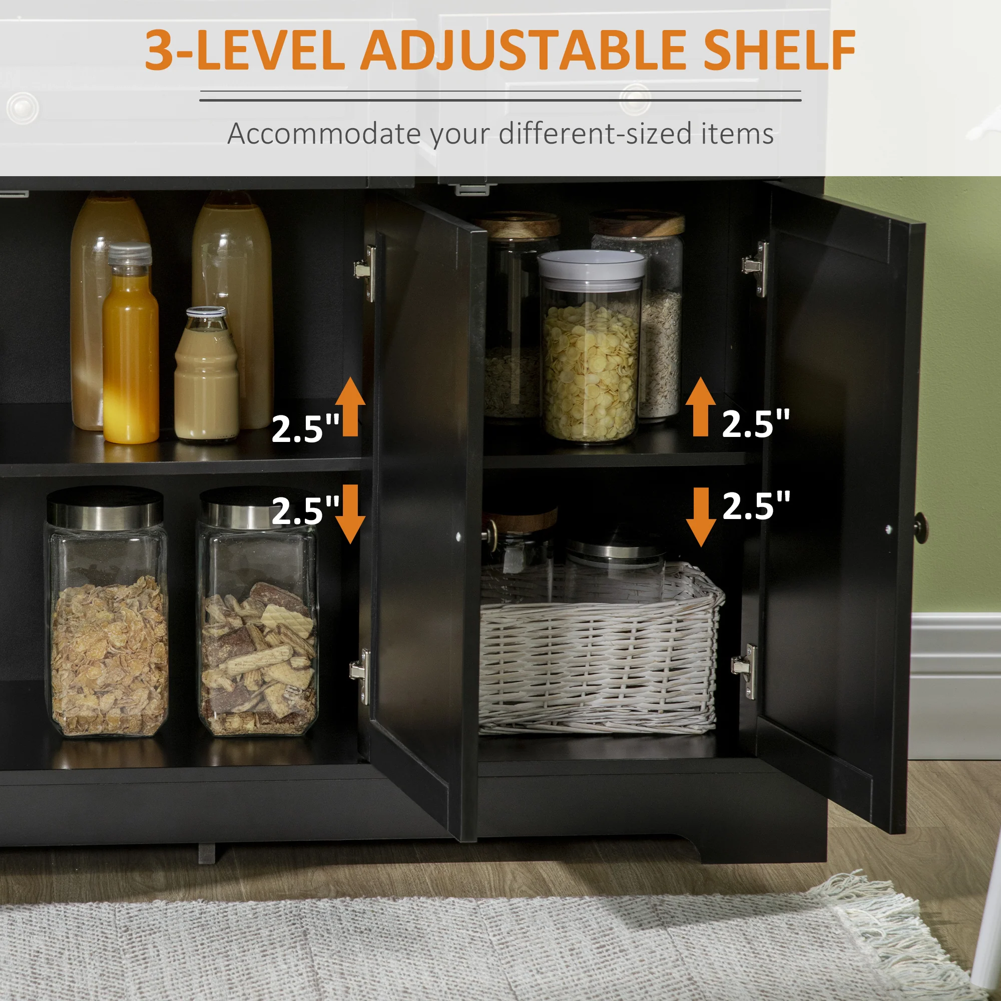 Kitchen Sideboard Buffet Cabinet with 2 Drawers and Adjustable Shelves, Black - Image 7