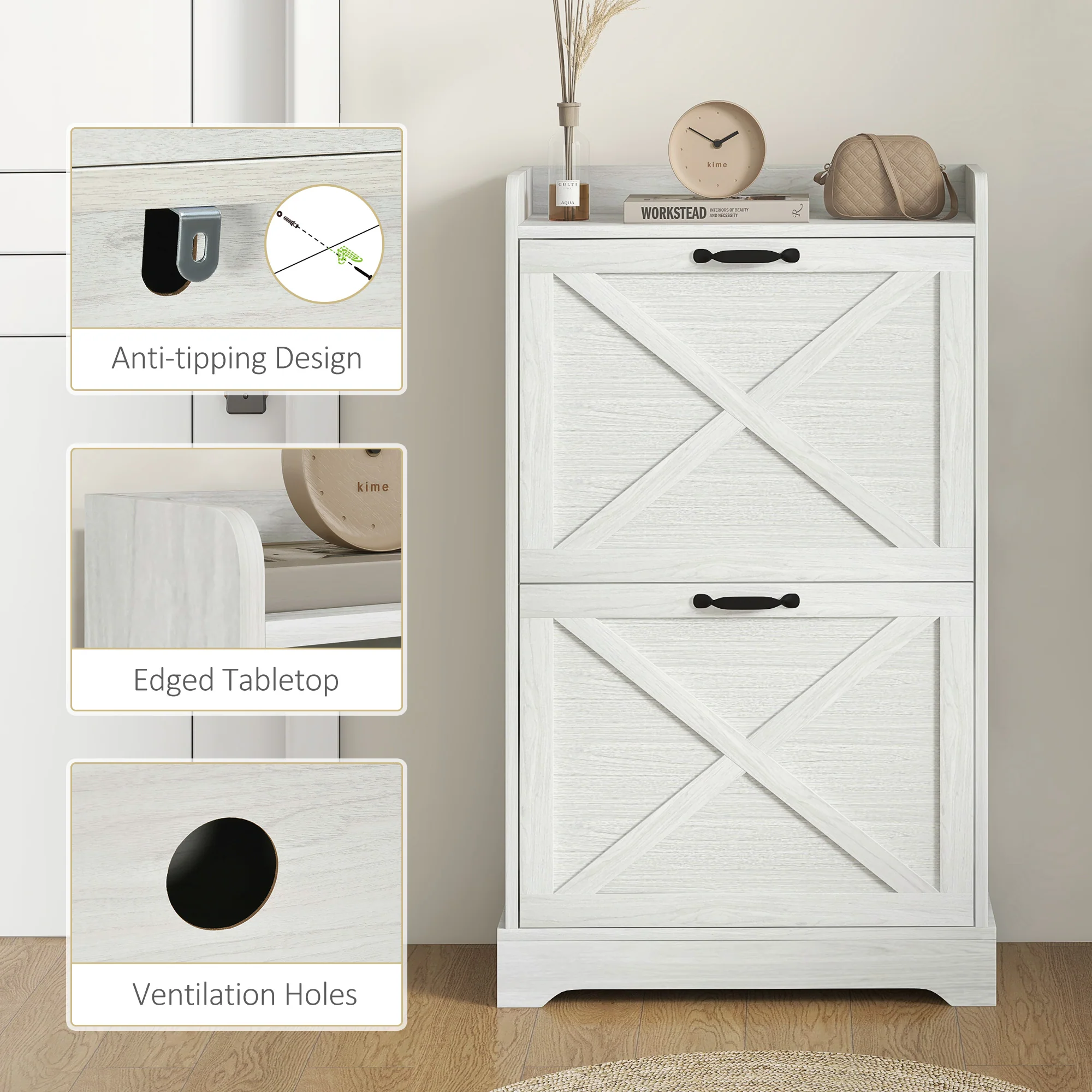 Slim Shoe Storage Cabinet w/ 2 Drawers & Adjustable Shelves for 8 Pairs, Distressed White - Image 10