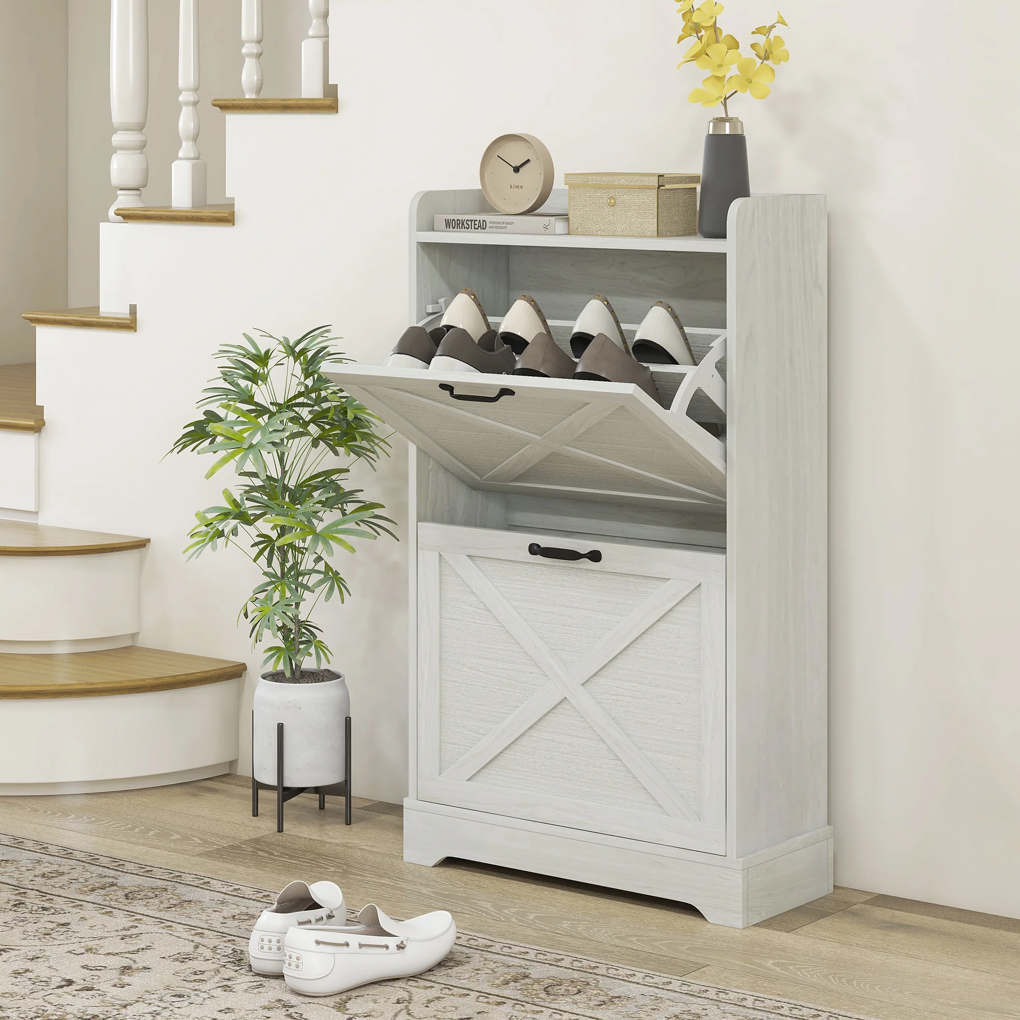 Slim Shoe Storage Cabinet w/ 2 Drawers & Adjustable Shelves for 8 Pairs, Distressed White - Image 3