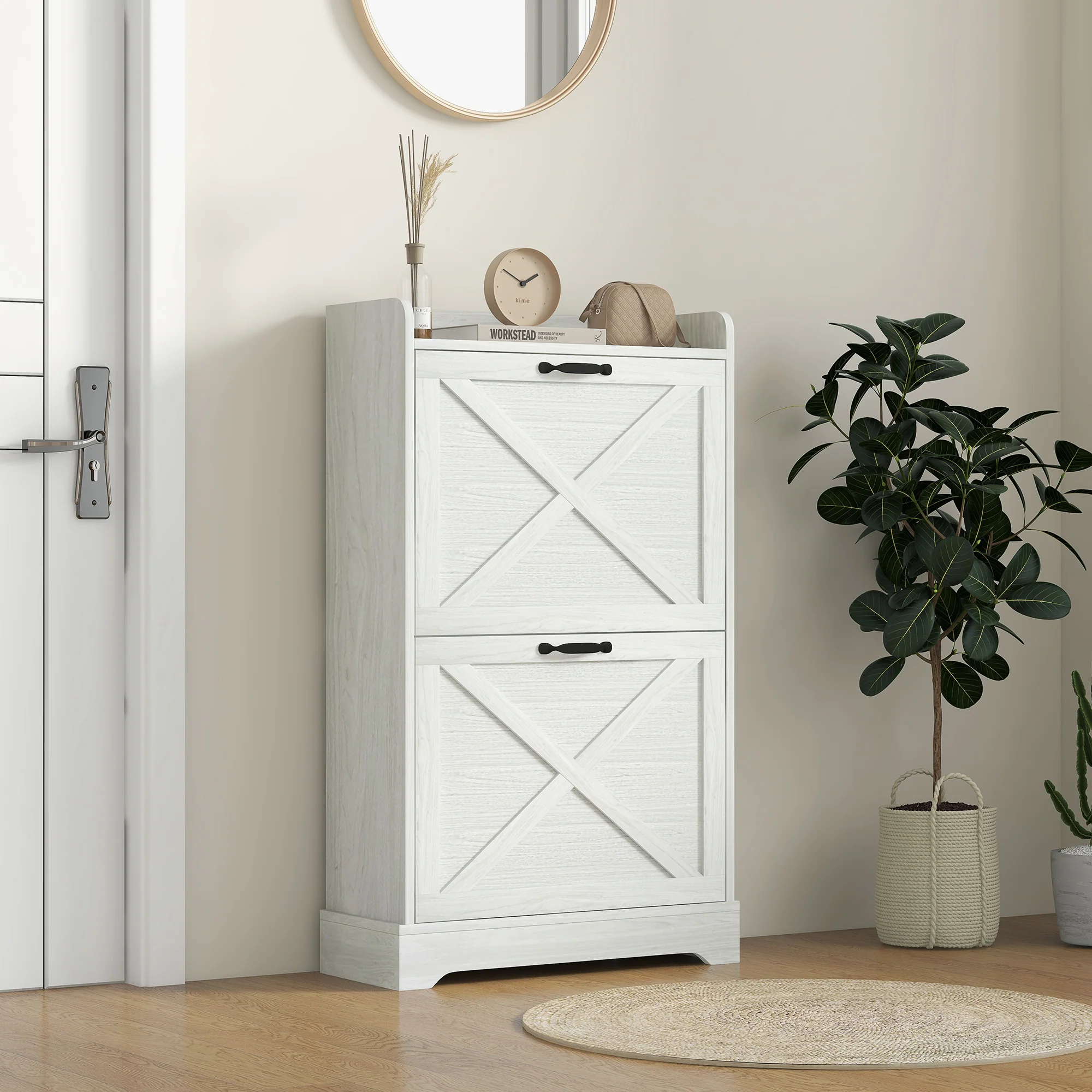 Slim Shoe Storage Cabinet w/ 2 Drawers & Adjustable Shelves for 8 Pairs, Distressed White - Image 4