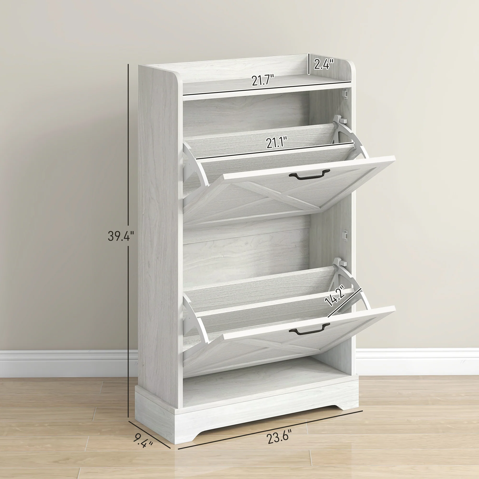 Slim Shoe Storage Cabinet w/ 2 Drawers & Adjustable Shelves for 8 Pairs, Distressed White - Image 5