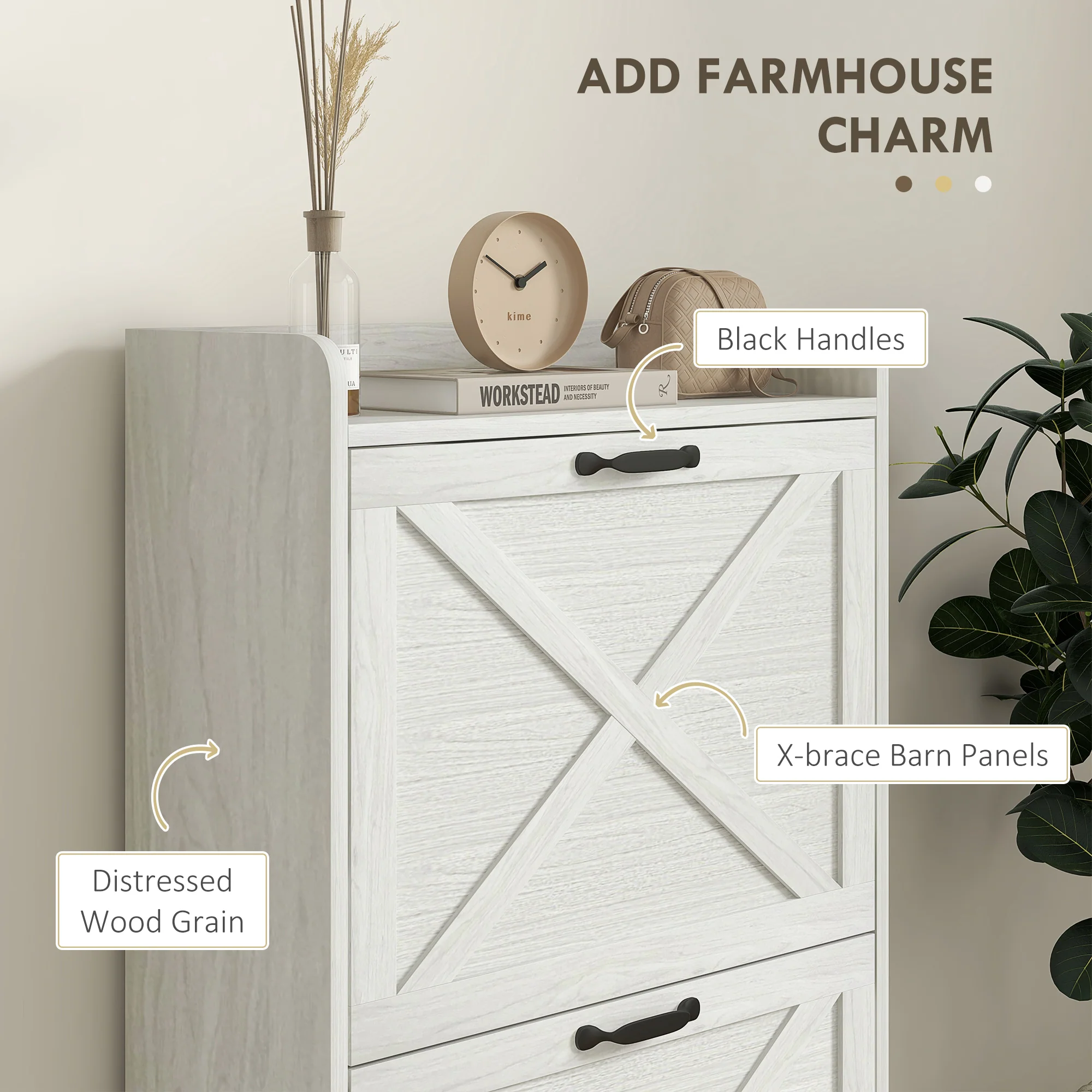 Slim Shoe Storage Cabinet w/ 2 Drawers & Adjustable Shelves for 8 Pairs, Distressed White - Image 6