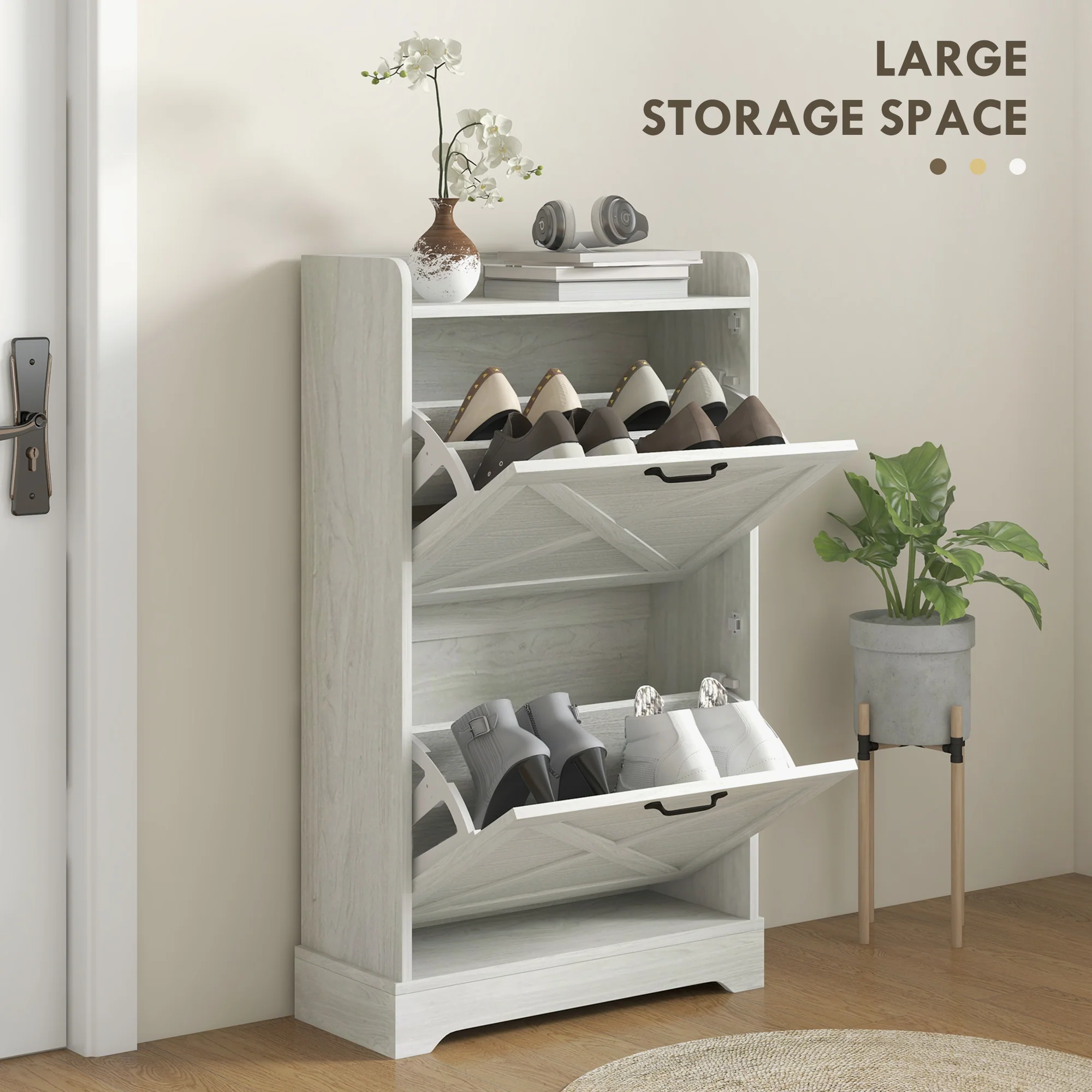 Slim Shoe Storage Cabinet w/ 2 Drawers & Adjustable Shelves for 8 Pairs, Distressed White - Image 7
