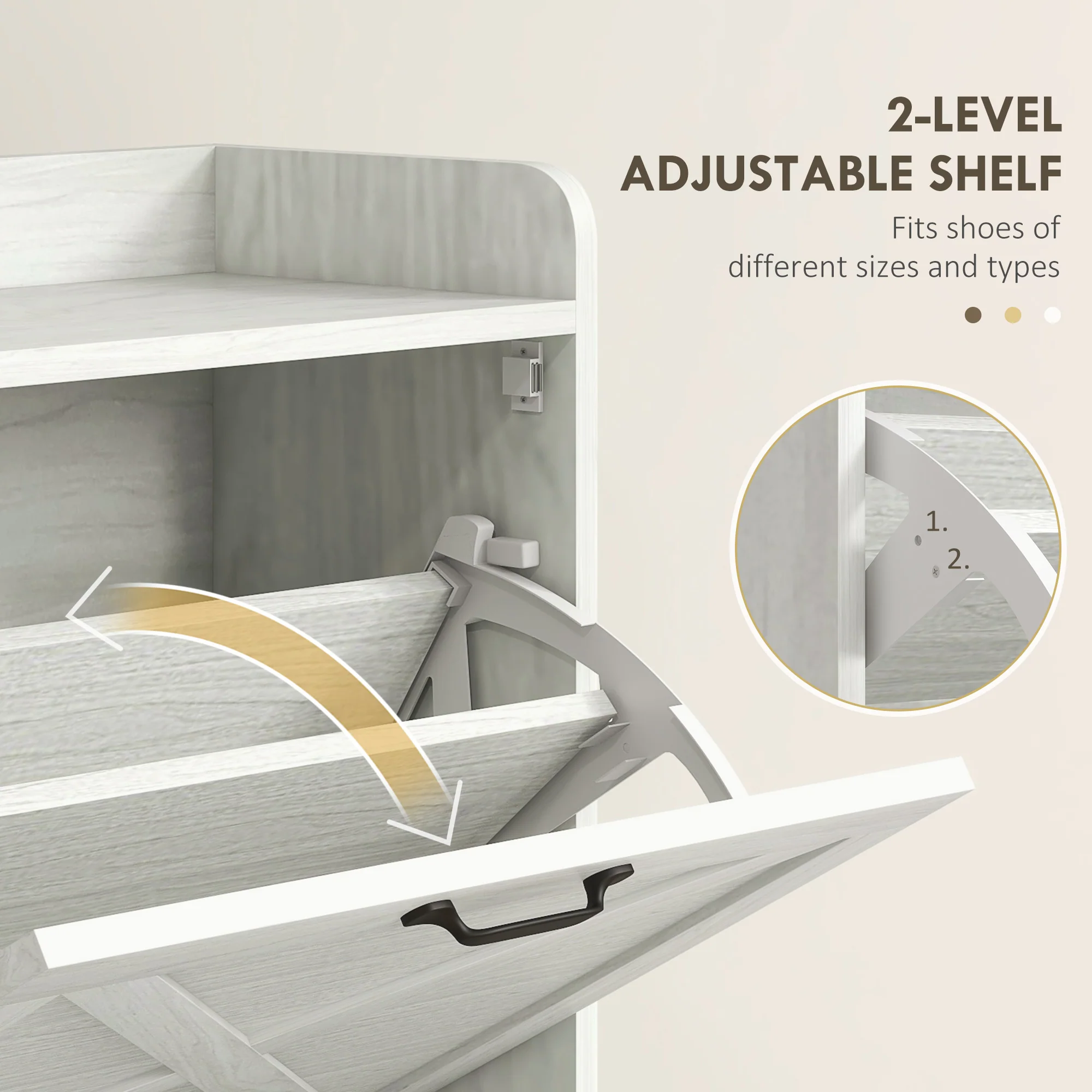 Slim Shoe Storage Cabinet w/ 2 Drawers & Adjustable Shelves for 8 Pairs, Distressed White - Image 8
