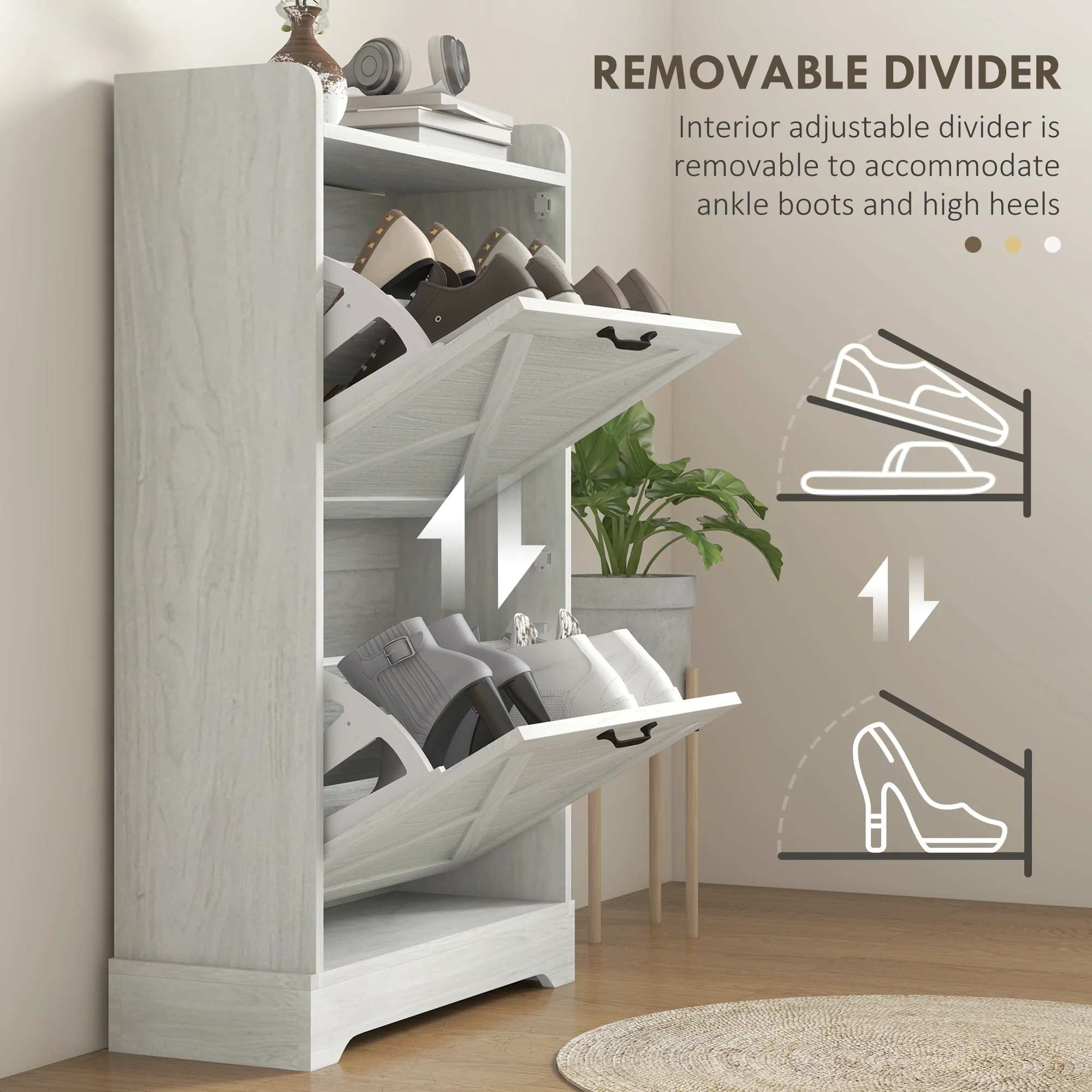 Slim Shoe Storage Cabinet w/ 2 Drawers & Adjustable Shelves for 8 Pairs, Distressed White - Image 9